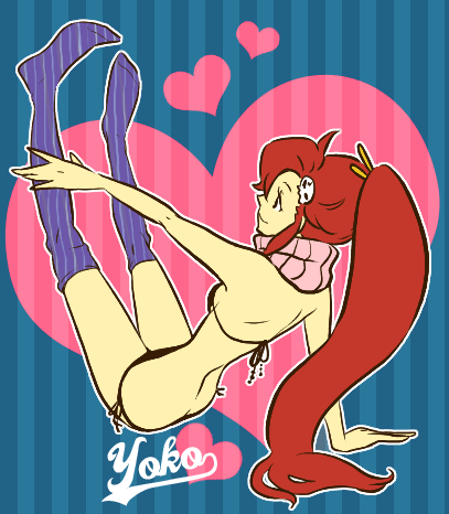 dramatica, yoko littner, tengen toppa gurren lagann, lowres, 00s, bikini, butt crack, heart, long hair, ponytail, red hair, scarf, side-tie bikini bottom, socks, solo, swimsuit, thighhighs, very long hair