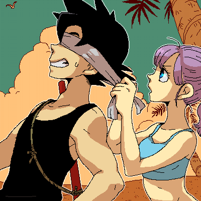 dramatica, bulma, son goku, dragon ball, lowres, 1boy, 1girl, beach, bird, black hair, blindfold, blue eyes, cloud, oekaki, outdoors, palm tree, ponytail, purple hair, ruyi jingu bang, tree