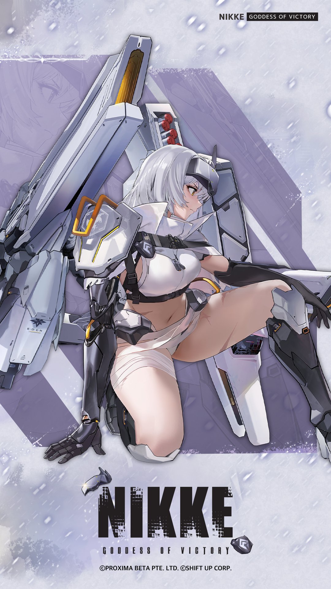 snow white (nikke), goddess of victory: nikke, commentary, english commentary, highres, official art, 1girl, armor, armored boots, black gloves, boots, closed mouth, gloves, high collar, jacket, long hair, looking at viewer, mechanical arms, missile, navel, official alternate costume, scar, shirt, shoulder armor, snow, snow white (heavy arms) (nikke), solo, squatting, torn clothes, torn jacket, white hair, white jacket, white shirt, yellow eyes