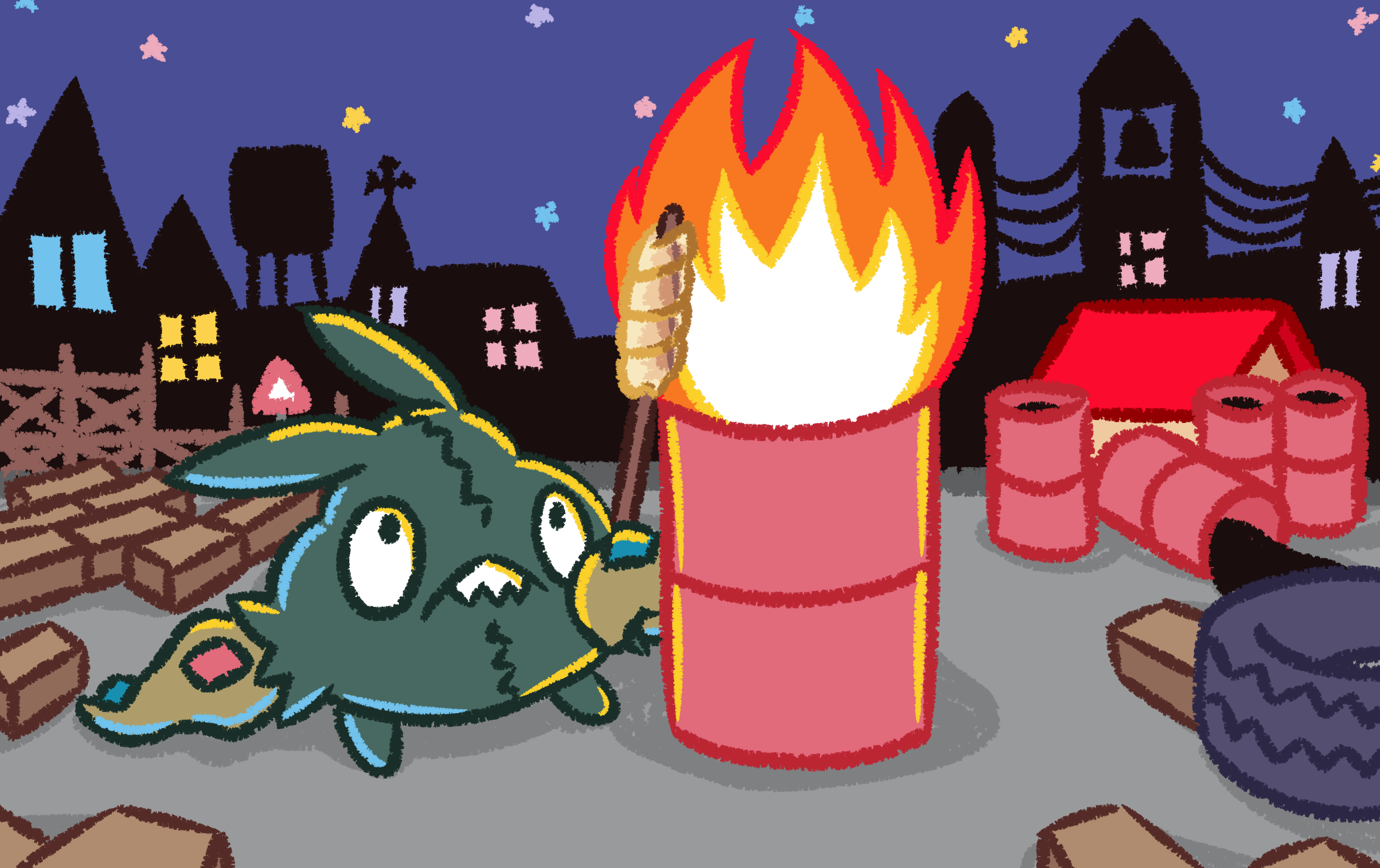 trubbish, nintendo, pokemon, absurdres, commentary, english commentary, highres, bell, bell tower, bread, building, closed mouth, drum (container), fire, food, full body, gen 5 pokemon, holding, holding stick, katsumuri, night, no humans, outdoors, pokemon (creature), pokemon focus, roasting, sharp teeth, sky, solo, star (symbol), stick, teeth, unused tire