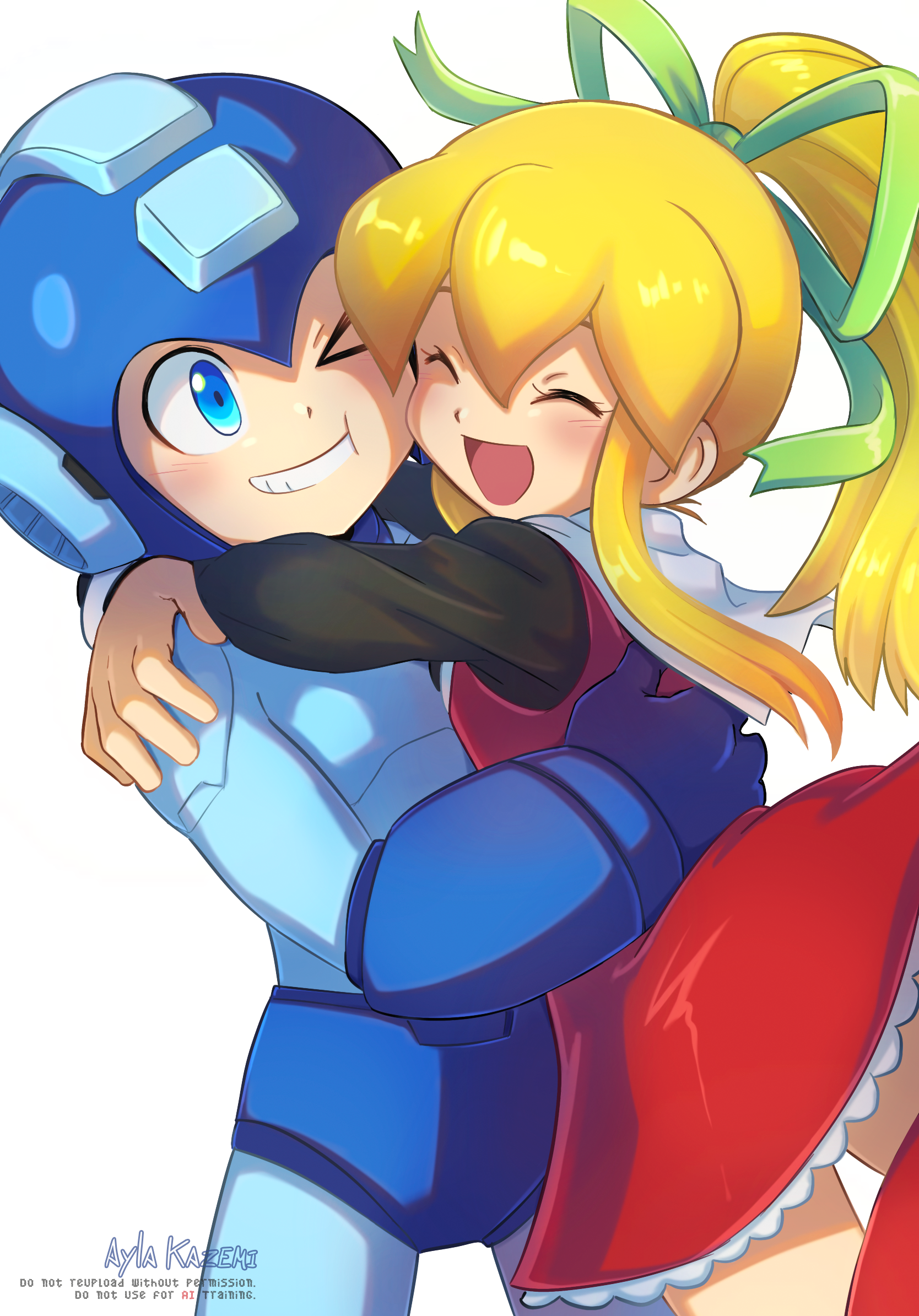 ayla kazemi, mega man (character), roll (mega man), mega man (classic), mega man (series), commentary, english commentary, highres, 1boy, 1girl, android, armor, artist name, blonde hair, blue armor, blue eyes, blue helmet, helmet, one eye closed, open mouth, robot, robot ears, robot girl, smile, watermark