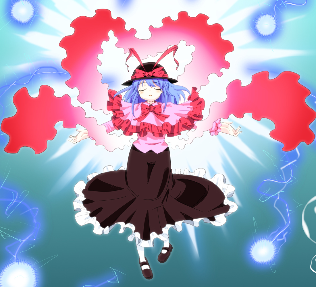 makoto (artist), nagae iku, touhou, bad id, bad pixiv id, 1girl, blue hair, electricity, female focus, full body, hat, shawl, short hair, solo