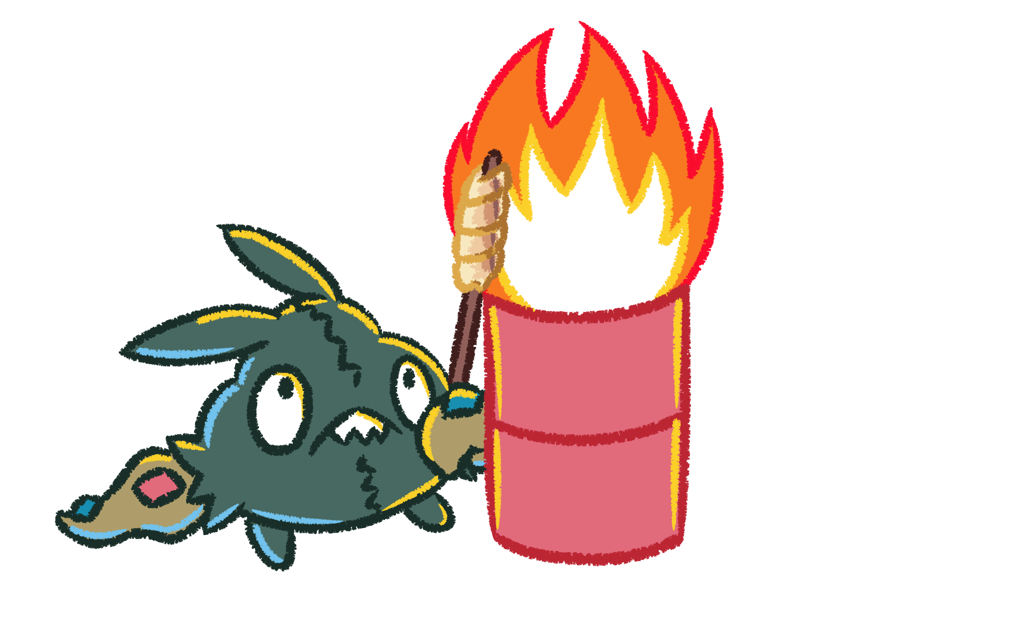 trubbish, nintendo, pokemon, absurdres, commentary, english commentary, highres, bread, closed mouth, drum (container), fire, food, full body, gen 5 pokemon, holding, holding stick, katsumuri, no humans, pokemon (creature), pokemon focus, roasting, sharp teeth, solo, stick, teeth, transparent background