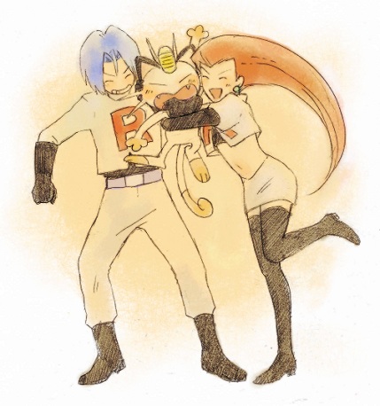 konatsu (tomatica), konatsunona, james (pokemon), jessie (pokemon), meowth, nintendo, pokemon, pokemon (anime), bad id, bad pixiv id, lowres, 1boy, 1girl, big hair, clothes writing, gen 1 pokemon, hair slicked back, hug, pokemon (creature), team rocket, team rocket uniform, thighhighs