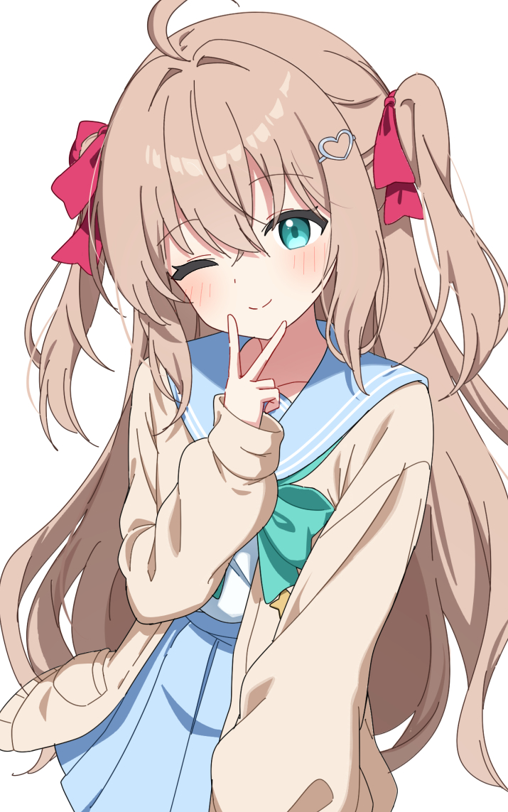 neuro-sama, vedal ai, 1girl, ahoge, aqua bow, aqua bowtie, blue sailor collar, blue skirt, blush, bow, bowtie, brown hair, cardigan, cowboy shot, crossed bangs, double-parted bangs, hact0 synsh1a, hair between eyes, hair intakes, hair ornament, hair ribbon, hand up, head tilt, heart, heart hair ornament, inward v, long hair, long sleeves, looking at viewer, miniskirt, one eye closed, open cardigan, open clothes, pleated skirt, red ribbon, ribbon, sailor collar, simple background, skirt, smile, solo, split mouth, two side up, v, very long hair, white background, yellow cardigan