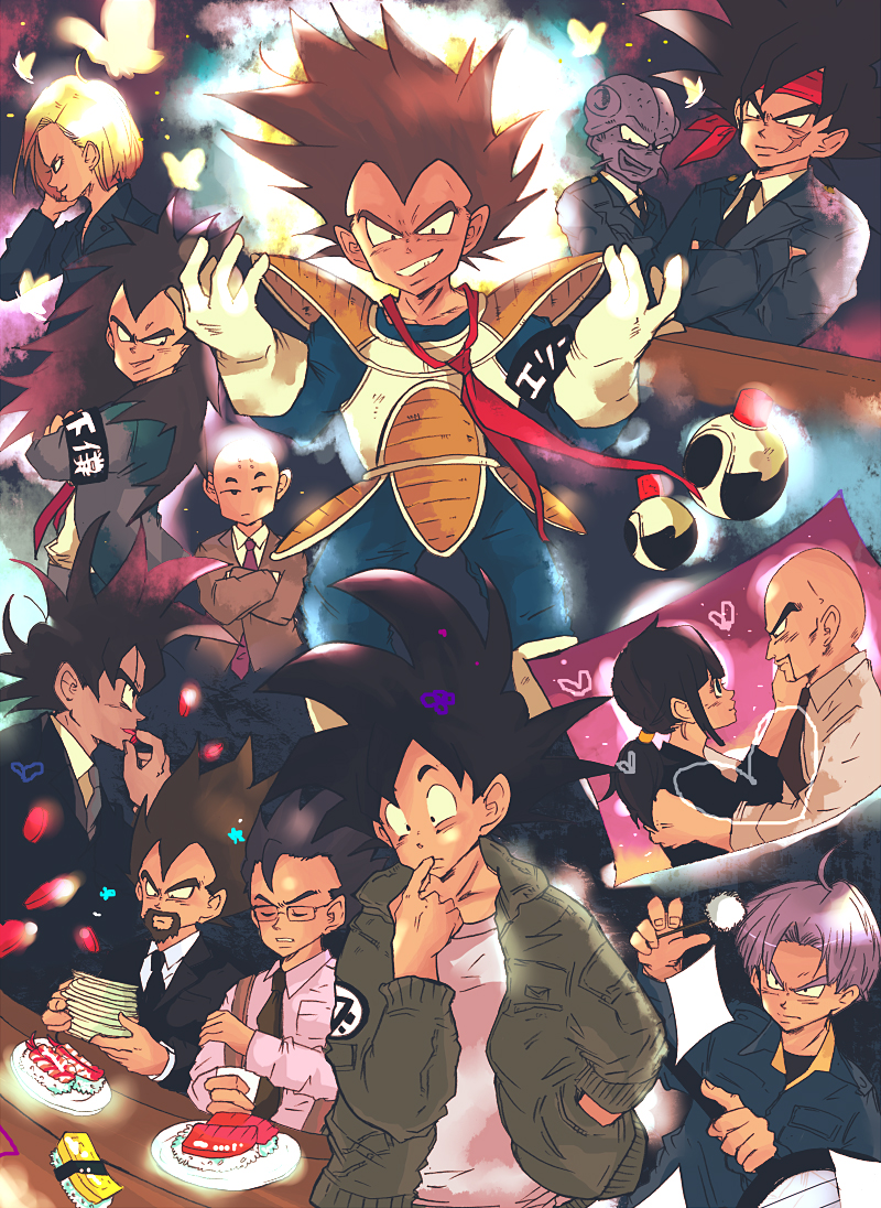 pisuke (pixiv984493), android 18, bardock, chi-chi (dragon ball), king vegeta, kuririn, kuwi, nappa, raditz, son gohan, son goku, trunks (dragon ball), tullece, vegeta, dragon ball, dragon ball z: the tree of might, dragonball z, bad id, bad pixiv id, 1girl, 6+boys, bald, beard, black hair, car, casual, clothes writing, crossed arms, eating, facial hair, fish (food), food, formal clothes, goatee, heart, jacket, motor vehicle, multiple boys, mustache, necktie, nigirizushi, police, police car, purple hair, suit, sushi, thinking, what