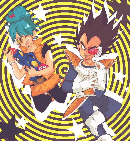 pisuke (pixiv984493), bulma, vegeta, dragon ball, dragonball z, bad id, bad pixiv id, 1boy, 1girl, black eyes, blue eyes, blue hair, pantyhose