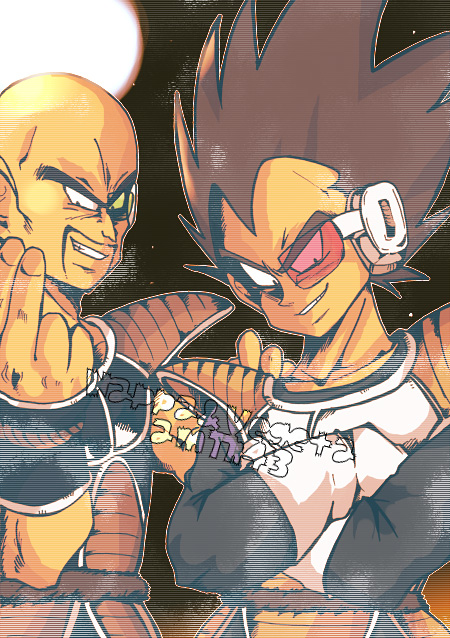 pisuke (pixiv984493), nappa, vegeta, dragon ball, dragonball z, bad id, bad pixiv id, 2boys, armor, bald, black hair, character name, facial hair, male focus, multiple boys, mustache, spiked hair, tail