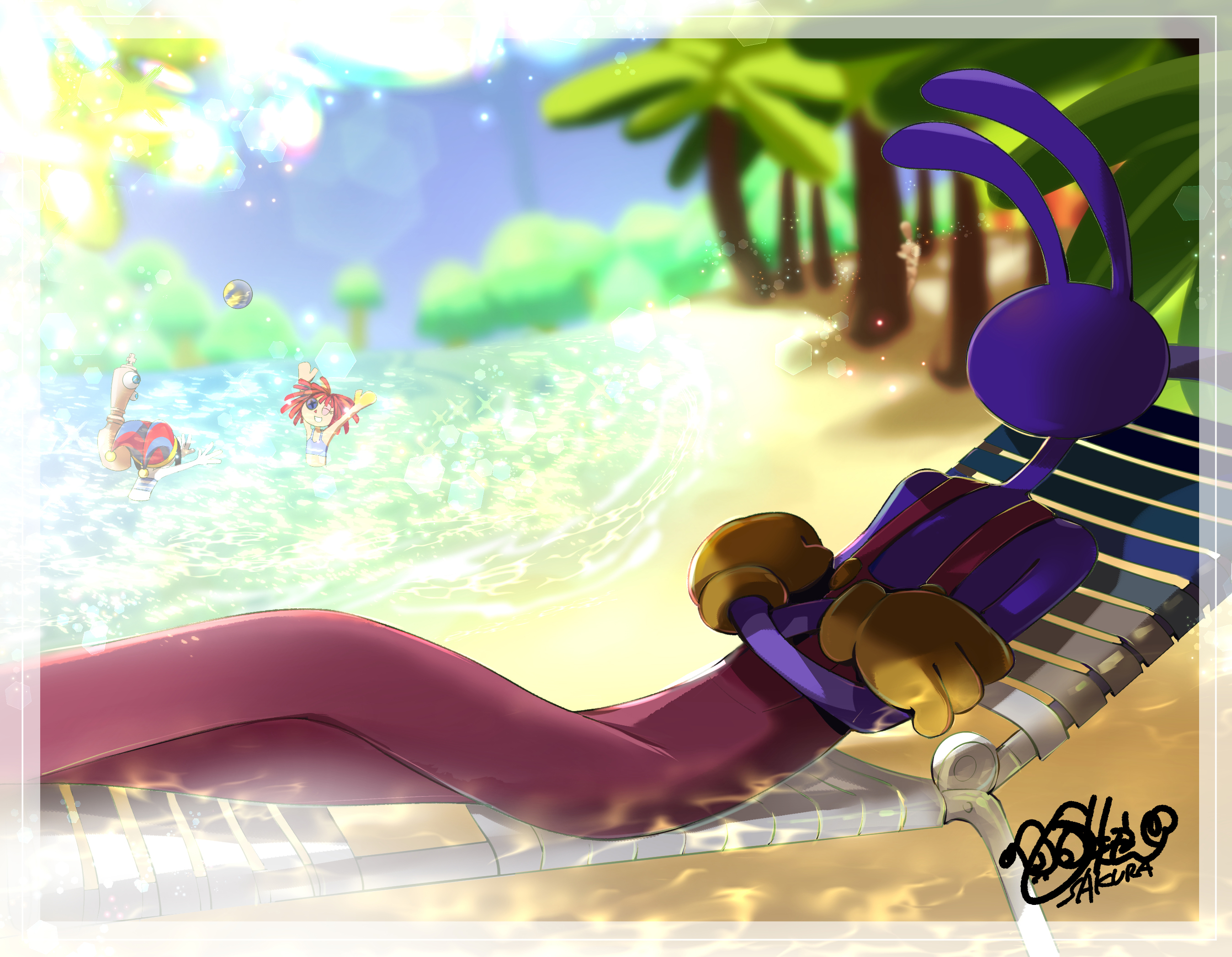 shoji sakura, jax (the amazing digital circus), kinger (the amazing digital circus), pomni (the amazing digital circus), ragatha (the amazing digital circus), the amazing digital circus, commentary request, highres, official art, second-party source, abel (the amazing digital circus), artist name, ball, beach, beach chair, beachball, bikini, bloom, blue eyes, blue hat, blue sky, blurry, blurry background, border, button eyes, buttons, caustics, chair, chess piece, closed eyes, crossed arms, day, eyelashes, gloves, hands up, hat, jester cap, king (chess), lens flare, light particles, mannequin, mannequin (the amazing digital circus), on chair, outdoors, overalls, palm tree, partially submerged, pink overalls, purple fur, red hair, red hat, sand, signature, sky, strapless, strapless bikini, striped bikini, striped clothes, striped hat, swimsuit, teeth, tree, vertical-striped hat, white bikini, white border, wooden mannequin, yellow gloves