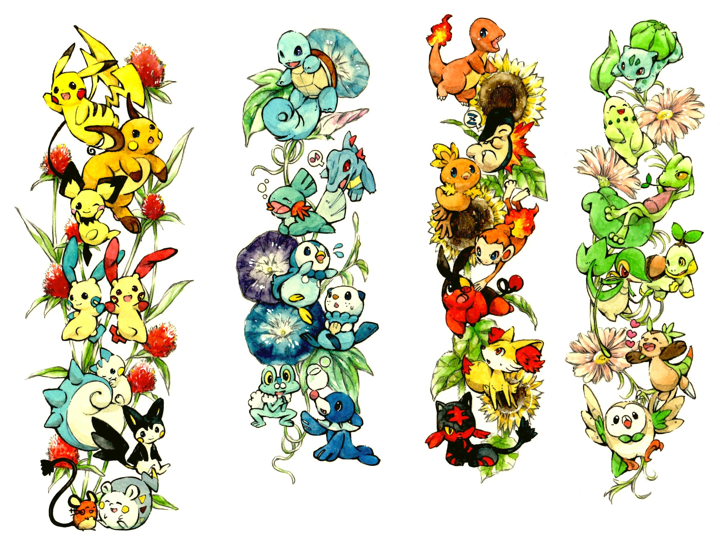 bulbasaur, charmander, chespin, chikorita, chimchar, cyndaquil, dedenne, emolga, fennekin, froakie, litten, minun, mudkip, oshawott, pachirisu, pichu, pikachu, piplup, plusle, popplio, raichu, rowlet, snivy, squirtle, tepig, togedemaru, torchic, totodile, treecko, turtwig, nintendo, pokemon, commentary request, flower request, highres, painting (medium), traditional media, watercolor (medium), blue flower, daisy (flower), fiery tail, fire, flame-tipped tail, flower, flying sweatdrops, gaku poopo, gen 1 pokemon, gen 2 pokemon, gen 3 pokemon, gen 4 pokemon, gen 5 pokemon, gen 6 pokemon, gen 7 pokemon, heart, morning glory, mouth hold, musical note, open mouth, outstretched arms, pokemon (creature), red flower, speech bubble, spoken musical note, spoken zzz, spread arms, stalk in mouth, tail, white flower, yellow flower, zzz