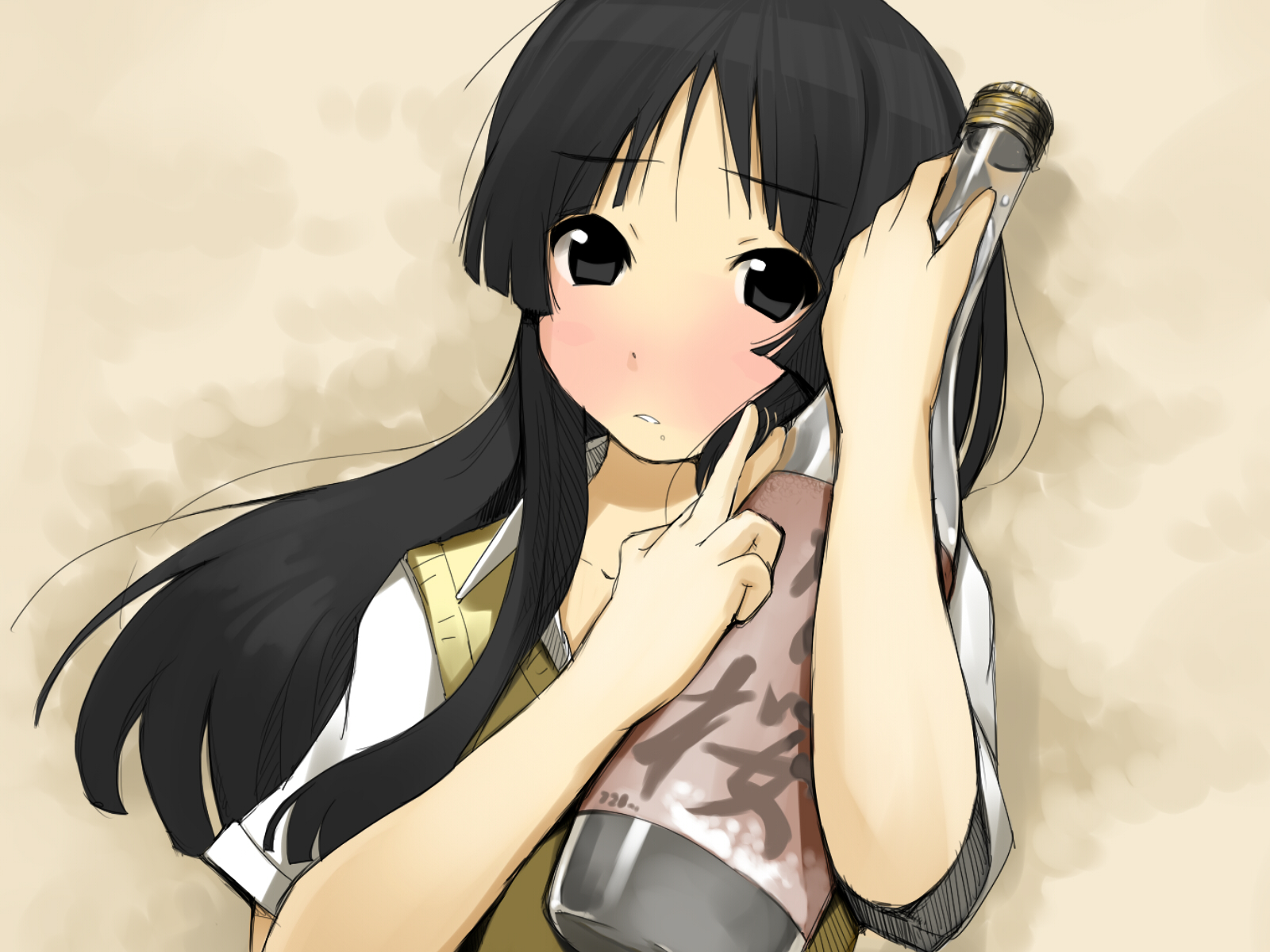 mitsukimi, akiyama mio, k-on!, highres, 00s, 1girl, black eyes, black hair, blush, bottle, drunk, female focus, long hair, sake bottle, solo
