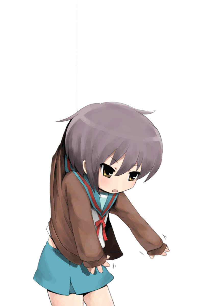 mitsukimi, nagato yuki, suzumiya haruhi no yuuutsu, highres, 00s, chibi, purple hair, school uniform, serafuku, short hair, skirt, solo, yellow eyes