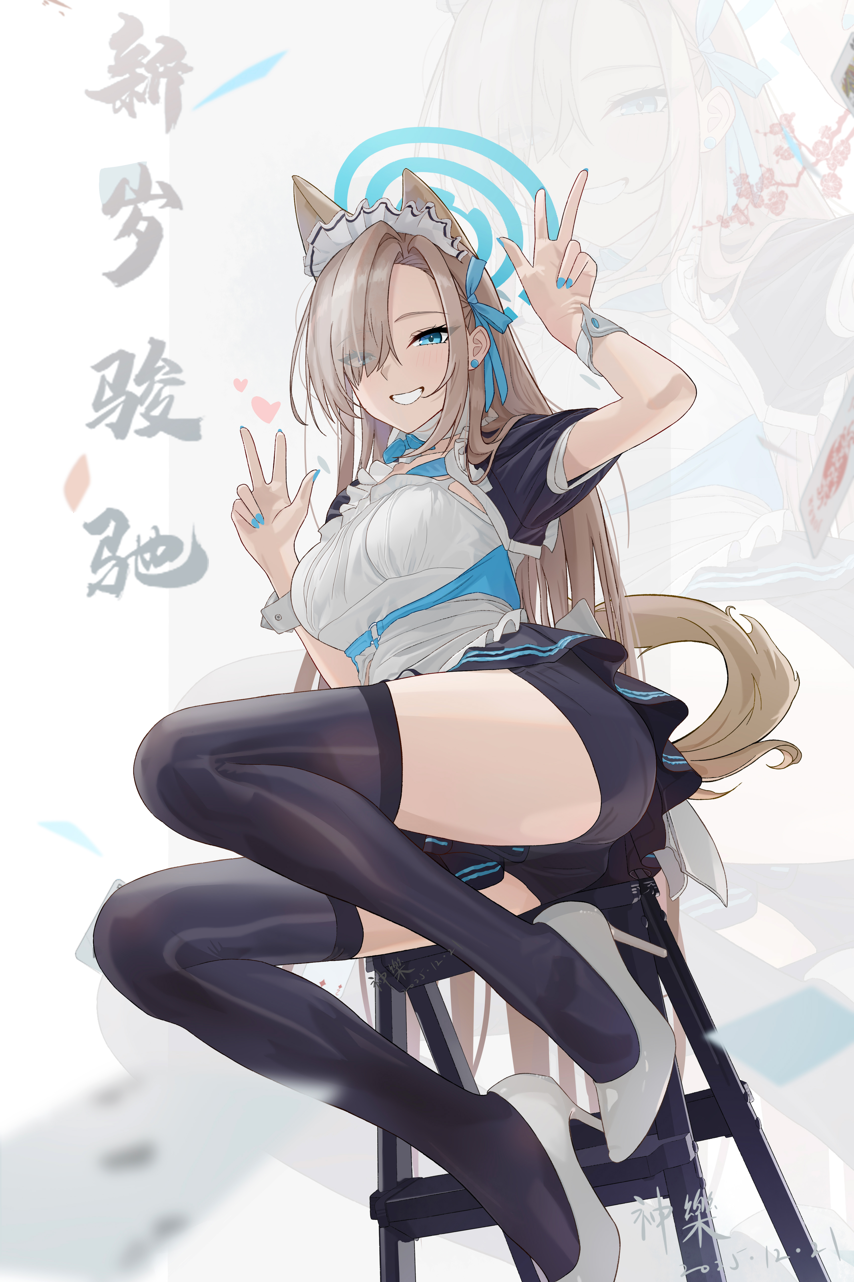 shenle, asuna (blue archive), blue archive, absurdres, highres, 1girl, adapted costume, animal ears, black shorts, black thighhighs, blonde hair, blue bow, blue eyes, blue halo, blue nails, bow, double v, full body, hair over one eye, halo, high heels, ladder, long hair, looking at viewer, maid, new year, on ladder, short shorts, shorts, smile, solo, thighhighs, v, white wrist cuffs, wrist cuffs, zoom layer