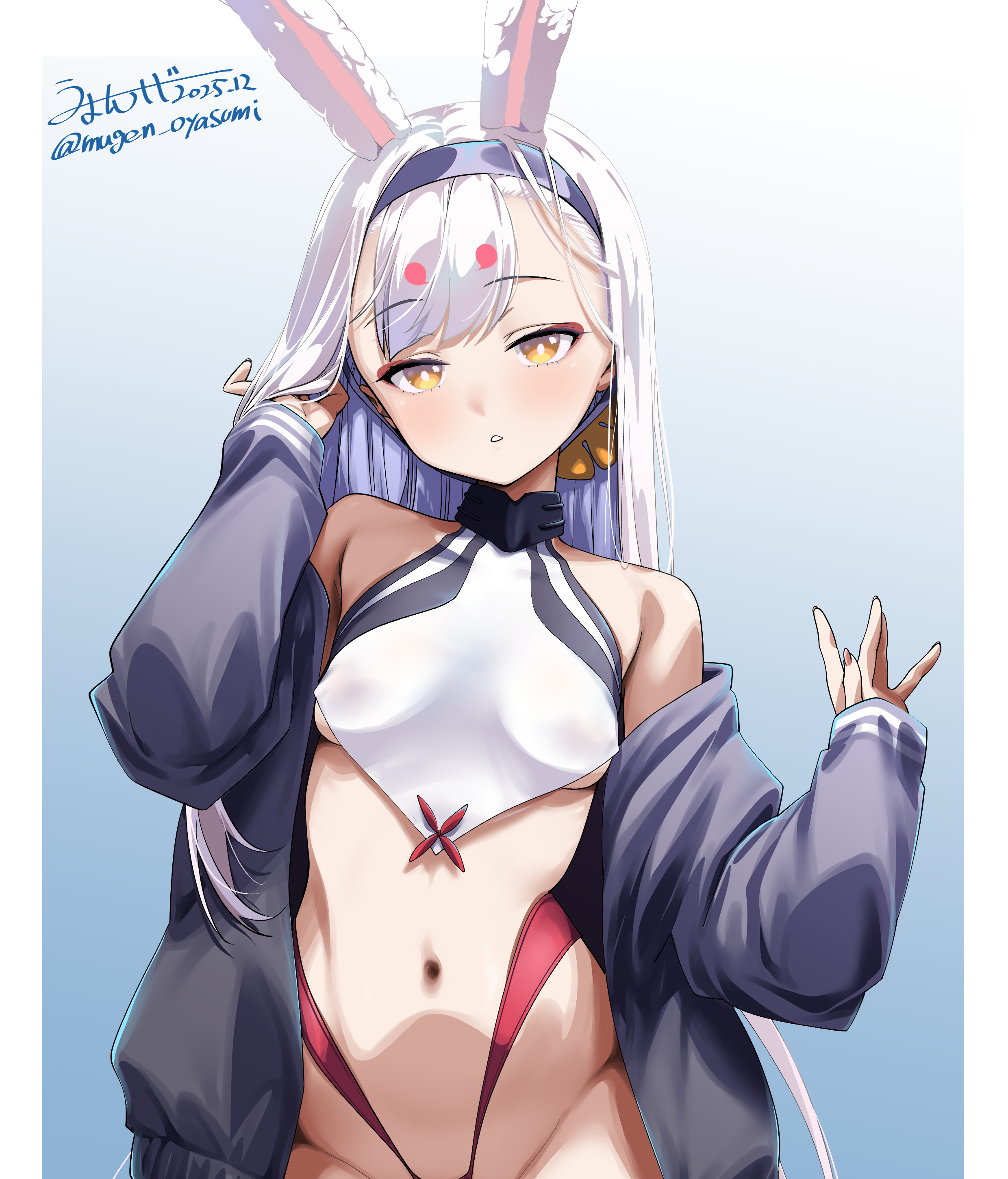 umyonge (lkakeu), shimakaze (azur lane), azur lane, absurdres, commentary request, highres, 1girl, animal ears, breasts, dated commentary, hairband, long hair, navel, rabbit ears, rabbit girl, small breasts, solo, underboob, white hair