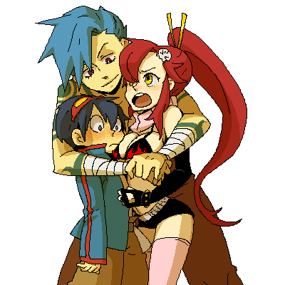 dramatica, kamina (ttgl), simon (ttgl), yoko littner, tengen toppa gurren lagann, lowres, 00s, 1girl, 2boys, blue eyes, blue hair, blush, multiple boys, ponytail, red hair, simple background, thighhighs, yellow eyes