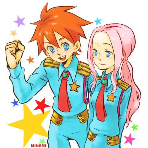 dramatica, darry adai, gimmy adai, tengen toppa gurren lagann, uniform, lowres, 00s, blue eyes, pink hair, red hair