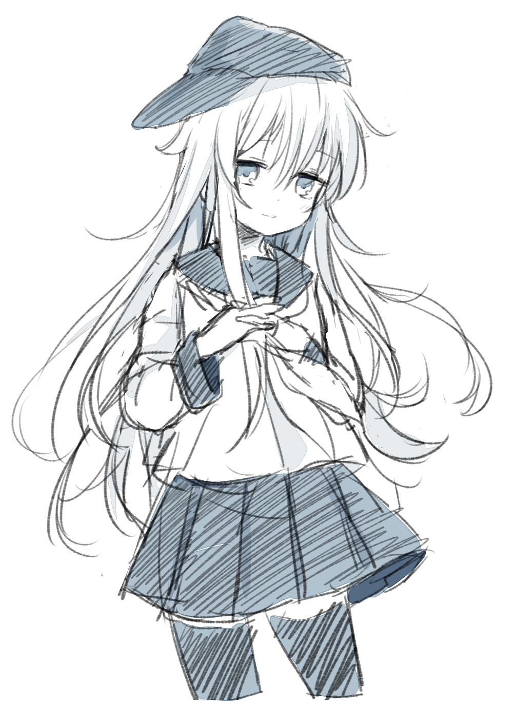 motohara moka, hibiki (kancolle), kantai collection, commentary request, highres, 1girl, cowboy shot, cropped legs, double-parted bangs, flat cap, greyscale, hair between eyes, hat, long hair, long sidelocks, long sleeves, looking at viewer, monochrome, neckerchief, pleated skirt, sailor collar, school uniform, serafuku, sidelocks, sideways hat, simple background, sketch, skirt, solo, standing, thighhighs, very long hair, zettai ryouiki