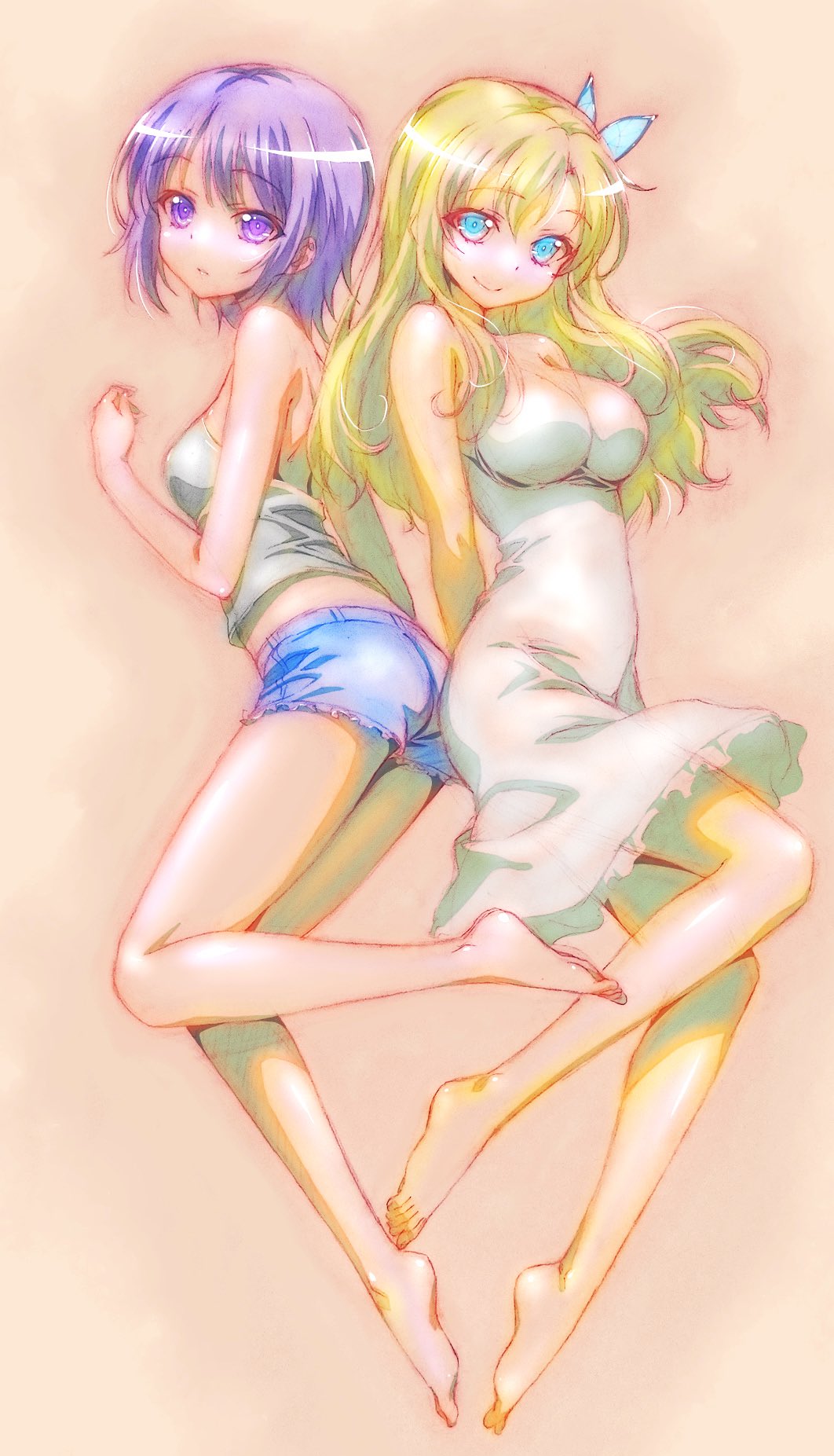 watanabe yoshihiro, kashiwazaki sena, mikazuki yozora, boku wa tomodachi ga sukunai, commentary request, highres, 2girls, aqua eyes, ass, bare legs, bare shoulders, barefoot, blonde hair, breasts, butterfly hair ornament, camisole, closed mouth, denim, denim shorts, dress, feet, from side, full body, gradient background, hair ornament, large breasts, long hair, looking at viewer, multiple girls, official artist extra, orange background, purple eyes, purple hair, short hair, short shorts, shorts, sleeveless, sleeveless dress, small breasts, soles, toes, white camisole, white dress