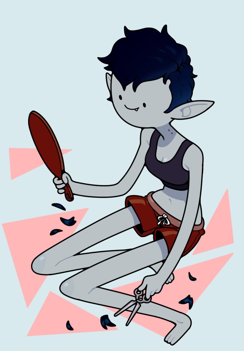 discount-supervillain, marceline abadeer, adventure time, hashtag-only commentary, 1girl, alternate hair length, alternate hairstyle, barefoot, bite mark, bite mark on neck, black sports bra, blue background, closed mouth, colored skin, cutting hair, cutting own hair, fang, full body, grey skin, hand mirror, holding, holding mirror, holding scissors, mirror, pointy ears, red shorts, scissors, short hair, short shorts, shorts, simple background, smile, solid oval eyes, solo, sports bra, triangle, vampire, very short hair