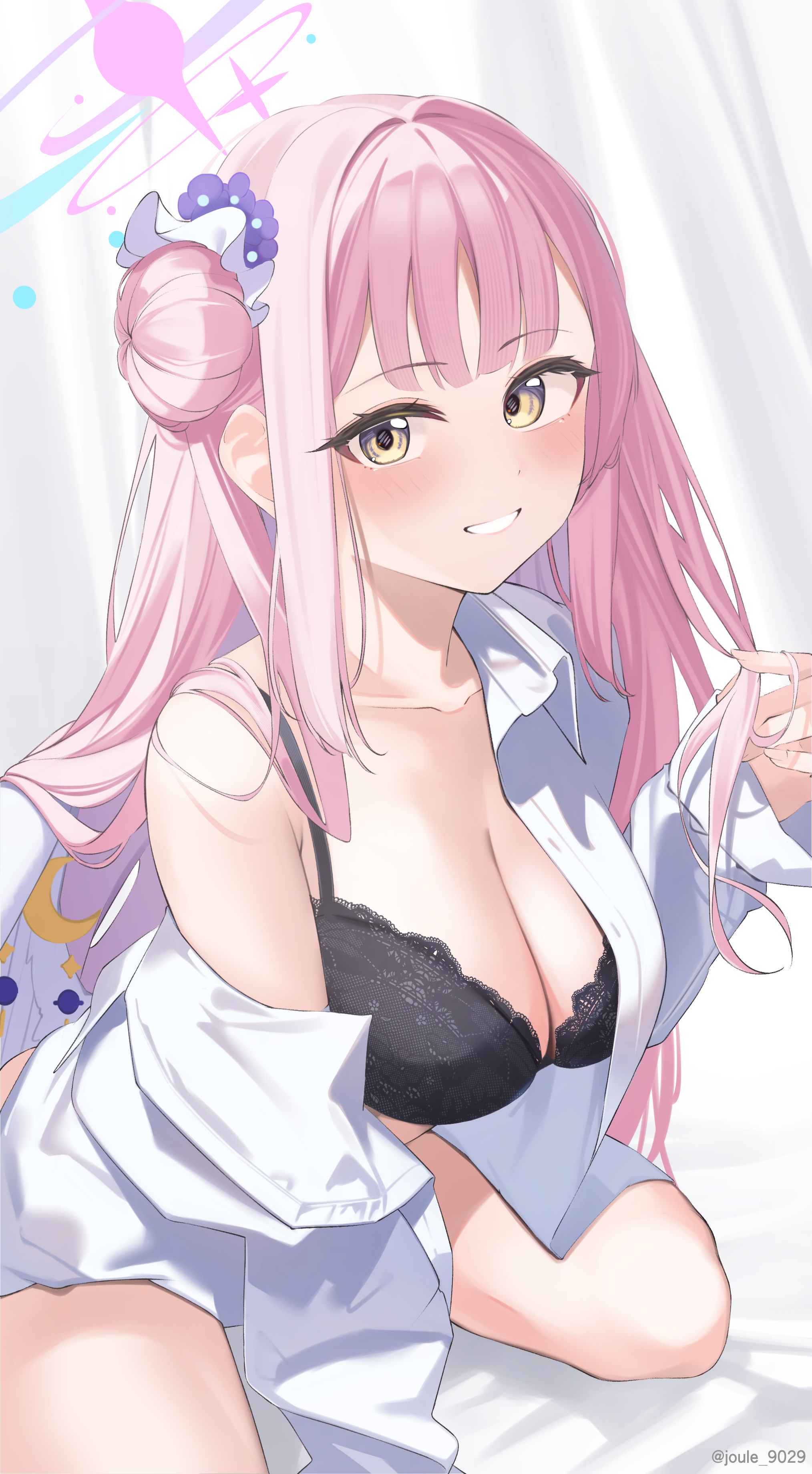 sen (central 9029), mika (blue archive), blue archive, absurdres, highres, 1girl, angel wings, black bra, bra, breasts, cleavage, feathered wings, gradient halo, hair bun, halo, lace, lace-trimmed bra, lace trim, large breasts, looking at viewer, low wings, multicolored halo, off shoulder, open clothes, open shirt, pink halo, shirt, single side bun, smile, solo, underwear, white shirt, white wings, wing ornament, wings