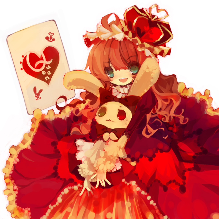 saya (sayaya), alice's adventures in wonderland, card, crown, dress, green eyes, rabbit, red hair, red theme, solo