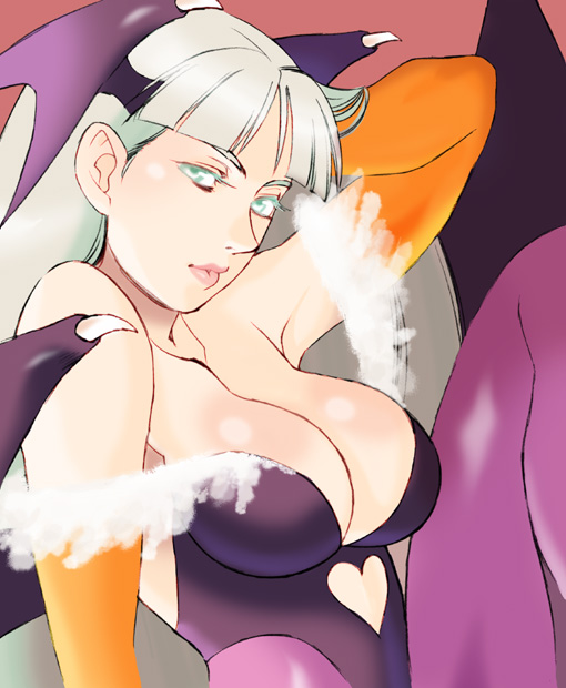 yuzuka (artist), morrigan aensland, capcom, darkstalkers, 1girl, adjusting hair, bare shoulders, bat wings, breasts, cleavage, demon girl, elbow gloves, female focus, gloves, head wings, large breasts, leg up, legs, off shoulder, pantyhose, purple pantyhose, solo, thighs, wings