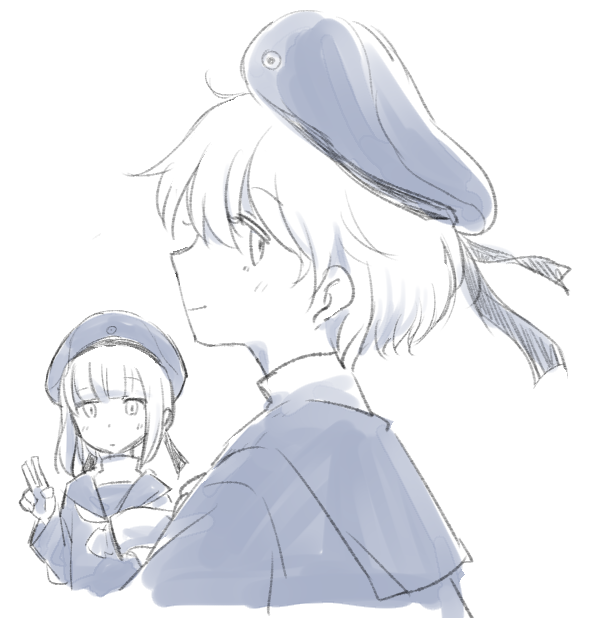motohara moka, z1 leberecht maass (kancolle), z3 max schultz (kancolle), kantai collection, commentary request, 2girls, blunt bangs, blush, collared shirt, from side, greyscale, hair between eyes, hat, hat ribbon, long sleeves, looking at viewer, medium hair, monochrome, multiple girls, neckerchief, ribbon, sailor collar, shirt, short hair, sidelocks, simple background, sketch, smile, upper body, v