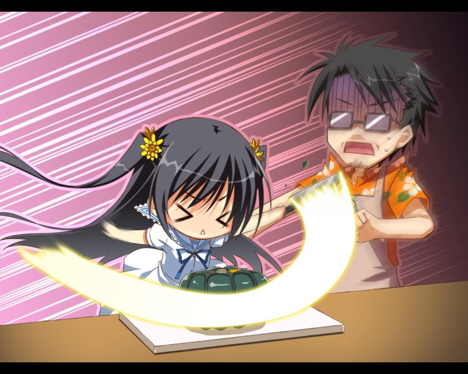 kobuichi, hashiba shouhei, kousaka chihaya, natsuzora kanata, slice, non-web source, > <, 1boy, 1girl, :<, apron, black hair, chibi, closed eyes, cuts, cutting board, dress, facial hair, flower, food, glasses, goatee, goatee stubble, hair flower, hair ornament, hawaiian shirt, injury, knife, letterboxed, long hair, motion blur, open mouth, pumpkin, ribbon, sailor dress, school uniform, serafuku, shaded face, shirt, short hair, slashing, stubble, sunflower, sunflower hair ornament, surprised, sweat, swing, triangle mouth, twintails, very long hair, white dress
