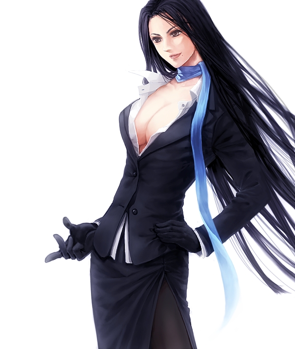 kuroshiba, gustav munchausen, m.u.g.e.n, snk, the king of fighters, 1girl, black hair, breasts, cleavage, female focus, formal clothes, genderswap, genderswap (mtf), gloves, jacket, large breasts, long hair, mole, pantyhose, pencil skirt, scarf, skirt, skirt suit, solo, suit