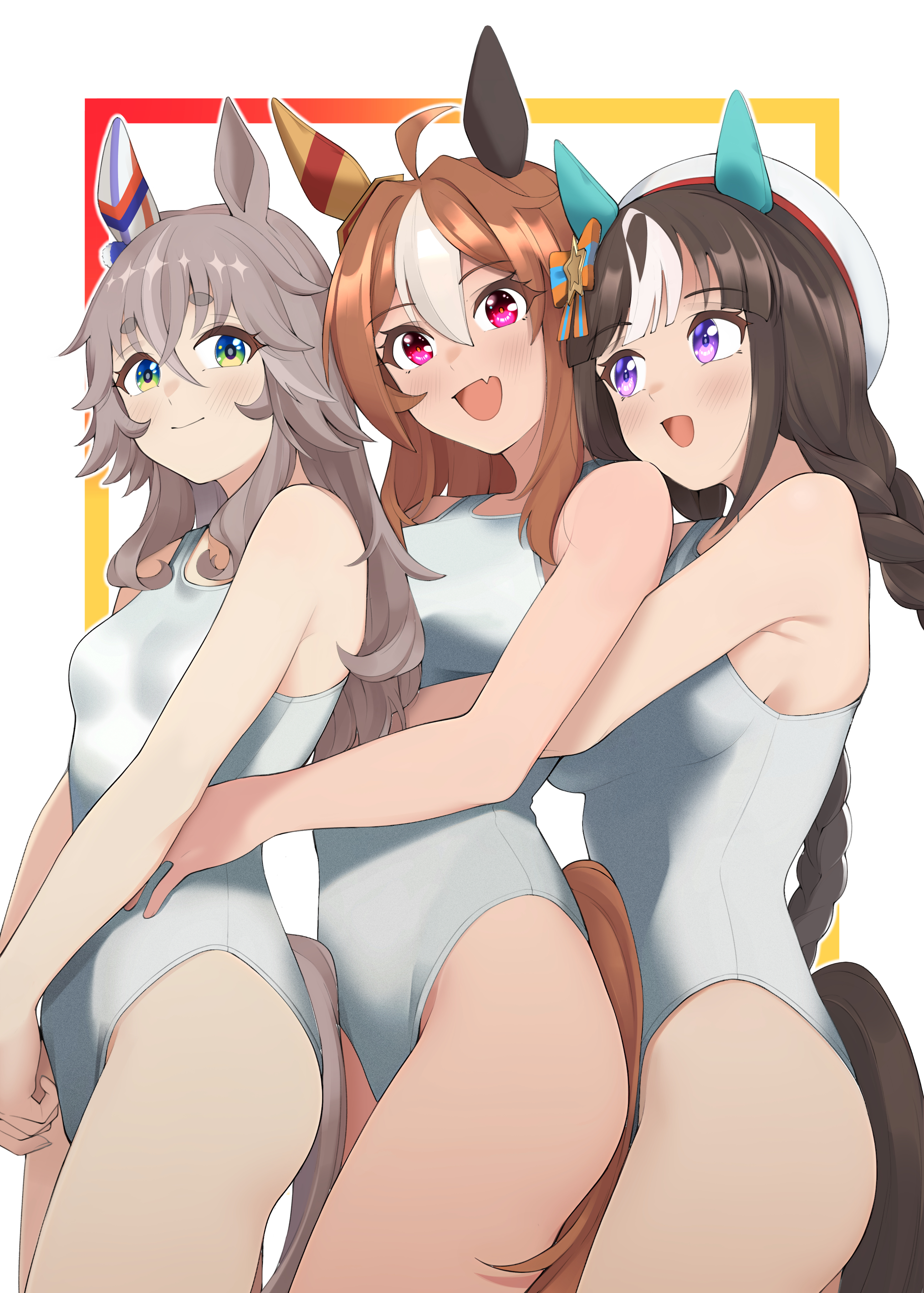 hanasato miya, copano rickey (umamusume), hokko tarumae (umamusume), wonder acute (umamusume), umamusume, absurdres, highres, 3girls, animal ears, black hair, breasts, brown hair, competition swimsuit, cowboy shot, ear covers, grey hair, hat, horse ears, horse girl, horse tail, hug, hug from behind, long hair, medium breasts, multiple girls, one-piece swimsuit, small breasts, smile, swimsuit, tail, white hat
