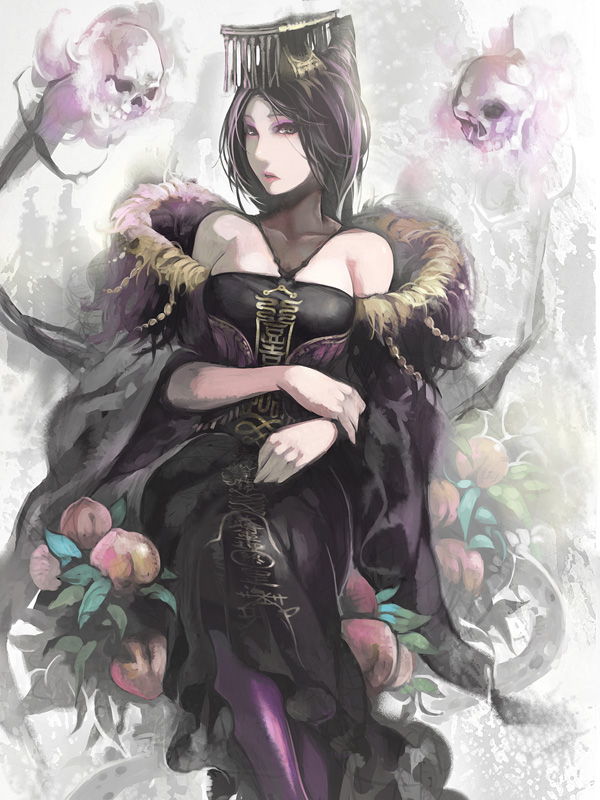 aoin, original, bad id, bad pixiv id, 1girl, bare shoulders, dress, female focus, food, fruit, hat, headdress, peach, purple hair, sitting, skull, solo