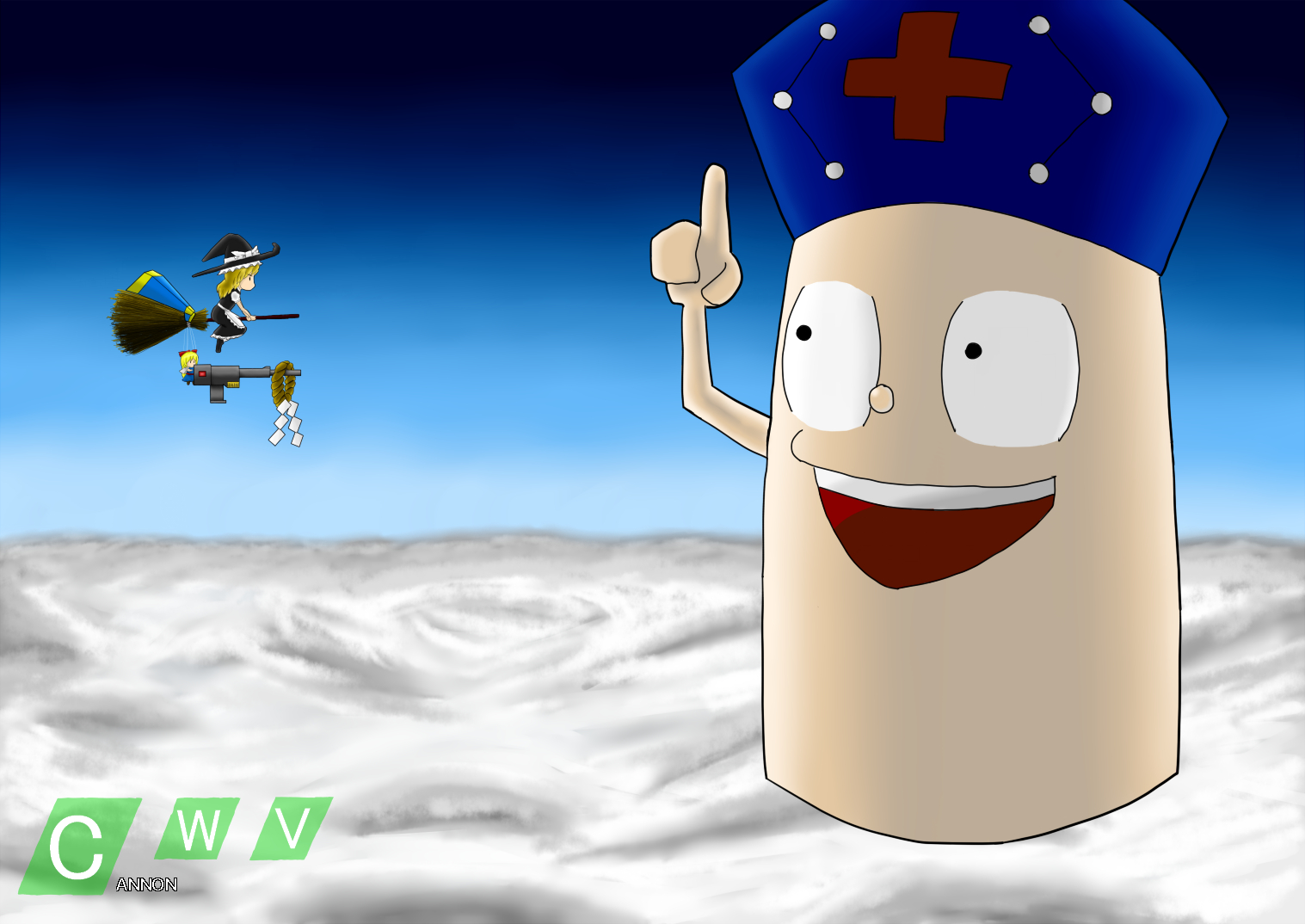 adidaspuma, kirisame marisa, shanghai doll, yagokoro, einhander, touhou, 3girls, broom, broom riding, female focus, gatling gun, gradient background, gun, hat, multiple girls, outdoors, parody, sky, space, weapon, witch, witch hat