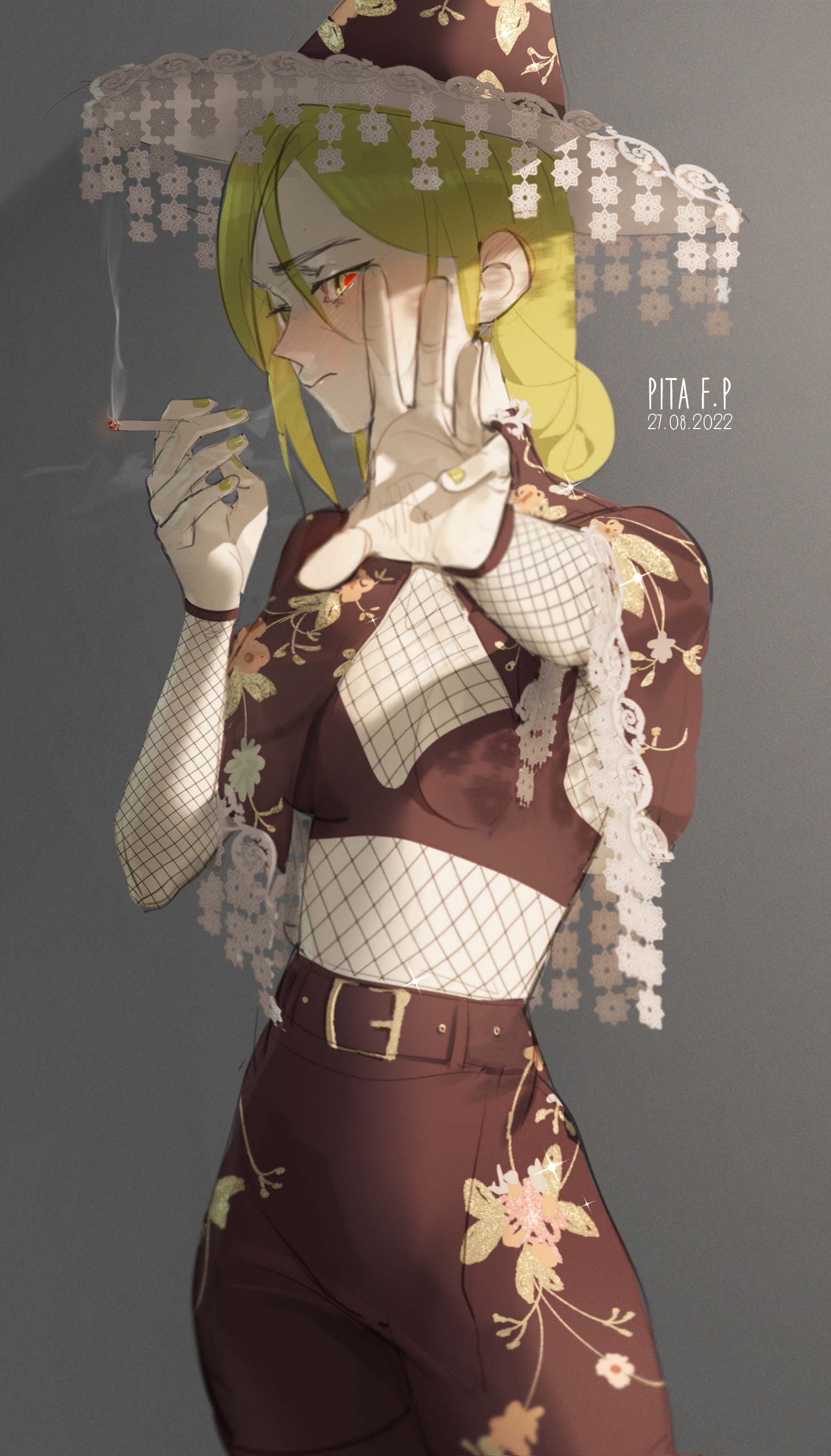 pita-potato, original, absurdres, commentary, english commentary, highres, 1girl, artist name, belt, black belt, black hat, black shorts, breasts, closed mouth, crop top, dated, fishnet sleeves, fishnets, gradient background, green hair, grey background, hat, long hair, nail polish, shorts, shy, simple background, small breasts, smoking, solo, yellow eyes