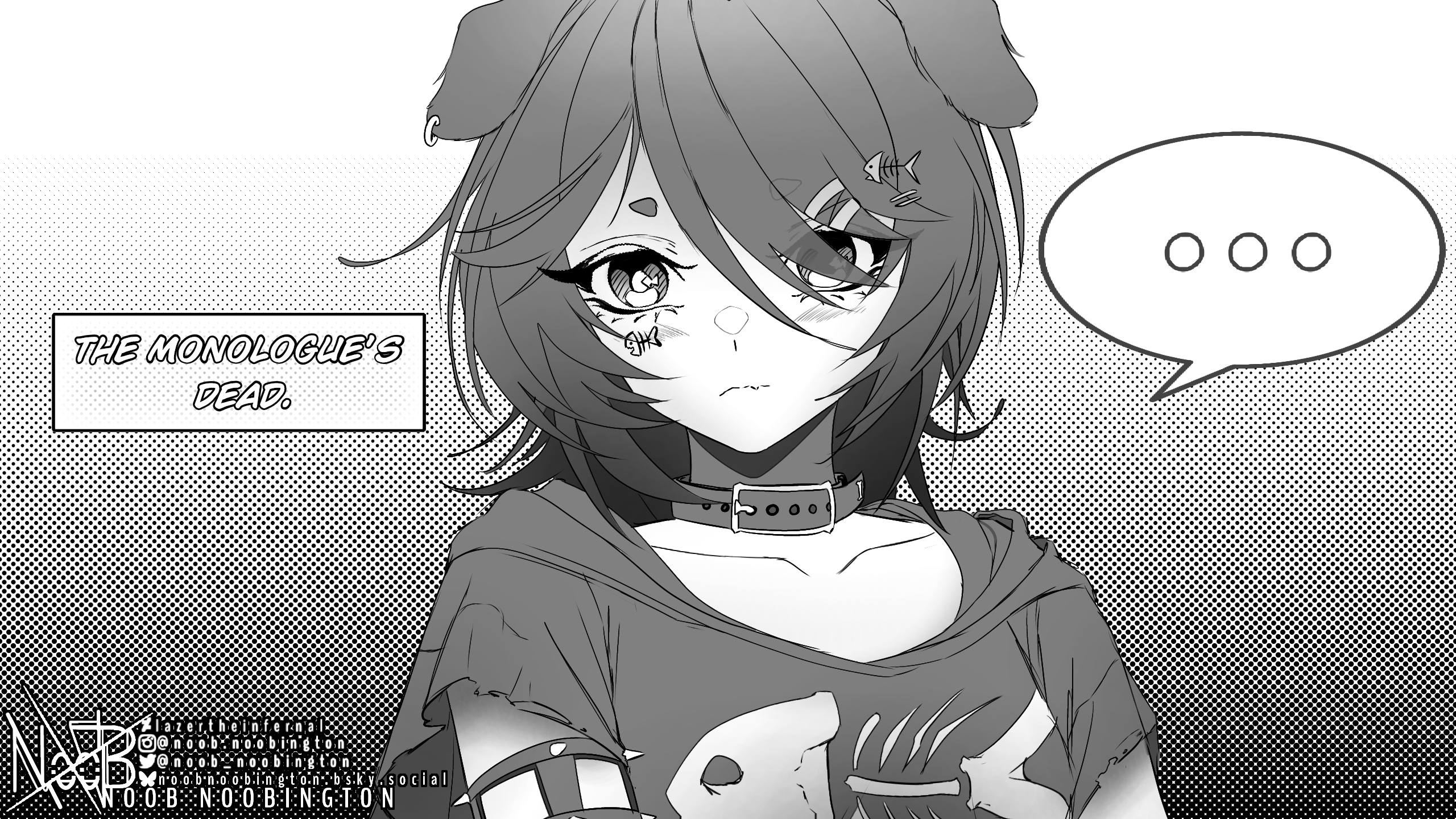 indie virtual youtuber, highres, animal ears, artist name, belt collar, collar, collarbone, dog ears, ear piercing, english text, fang, fish skeleton, hair between eyes, hair ornament, hairclip, looking at viewer, medium hair, misoyan, monochrome, piercing, skin fang, tomboy, torn clothes, twitter username, wolf cut