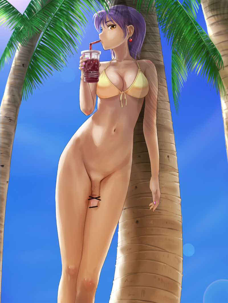 rasukaru, original, derivative work, 1futa, bikini, bikini top only, bottomless, breasts, censored, cleavage, drink, drinking, drinking straw, flaccid, futanari, large breasts, leaning, orange eyes, palm tree, penis, purple hair, solo, sunglasses, swimsuit, tree