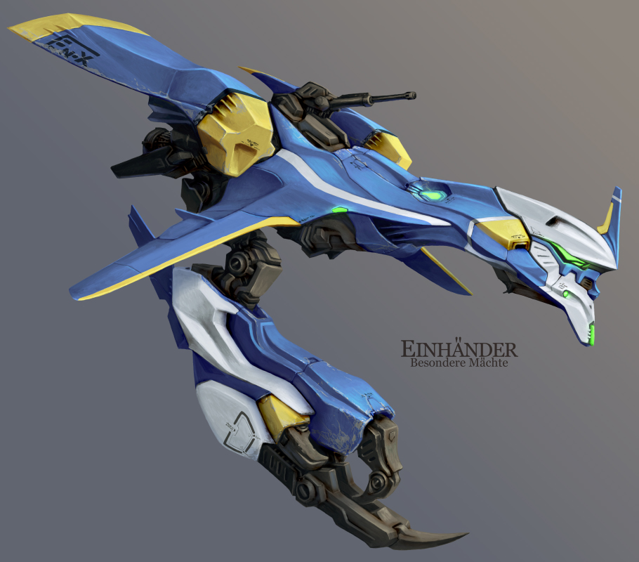 poripori (pixiv), einhander, game console, grey background, mecha, no humans, robot, simple background, solo, spacecraft, starfighter