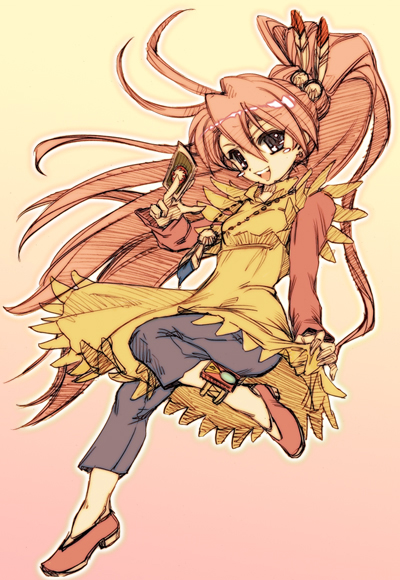 hisahiko, 1girl, blue eyes, card, feathers, female focus, holding, holding card, jewelry, long hair, necklace, ponytail, solo, very long hair