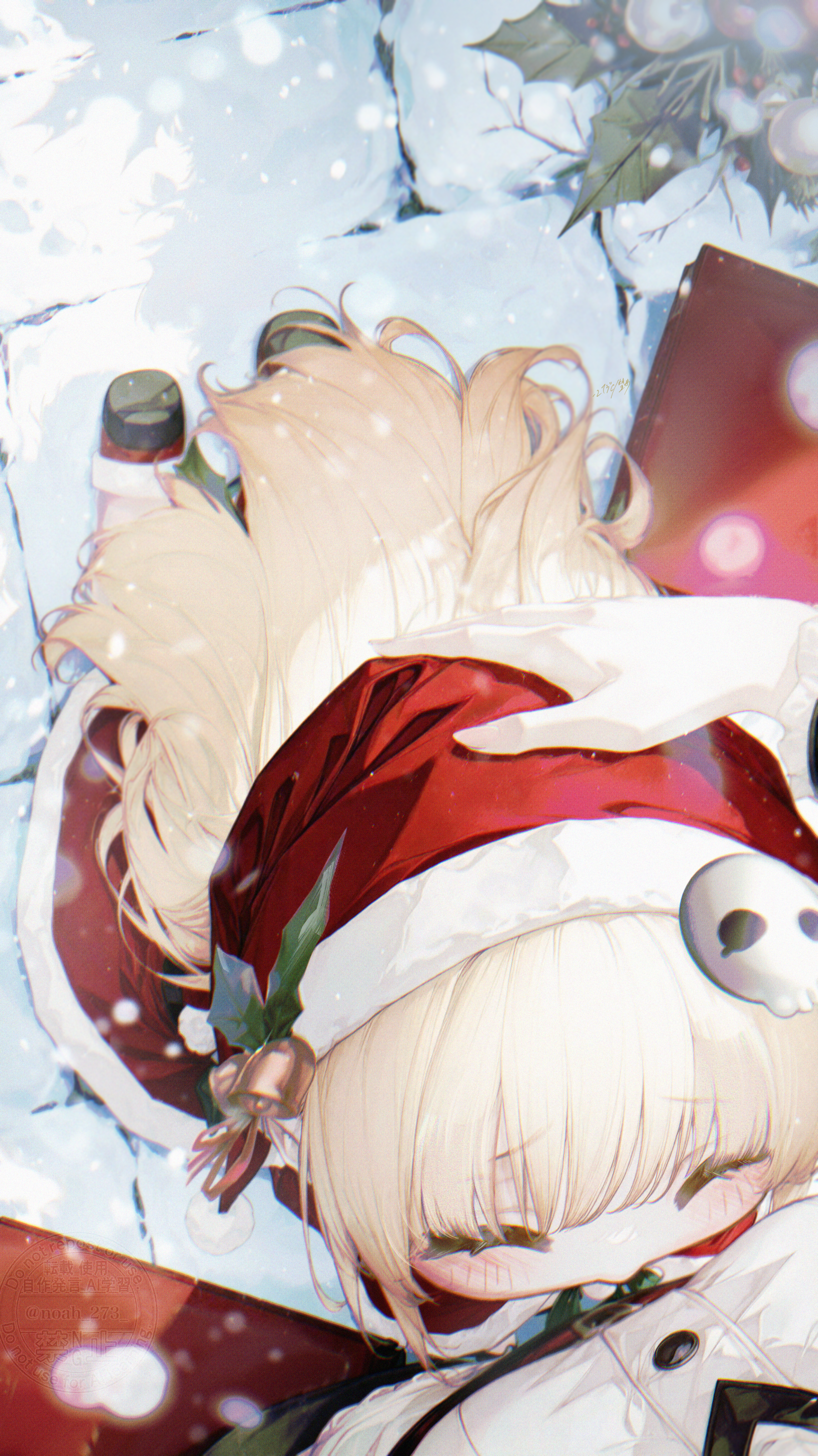 renoahh, speaki (trickcal), trickcal, absurdres, commentary request, highres, 1girl, ^ ^, bell, blonde hair, christmas, closed eyes, dress, fur-trimmed dress, fur-trimmed headwear, fur trim, hair bell, hair ornament, hands on another's head, hat, long hair, red dress, red hat, santa costume, santa dress, santa hat, solo focus, yurie mouth