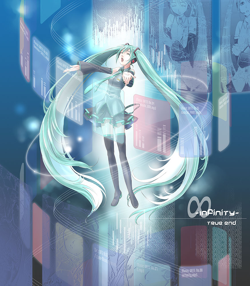 kyuu umi, hatsune miku, vocaloid, bad id, bad pixiv id, 1girl, aqua hair, closed eyes, detached sleeves, female focus, full body, headset, legs, long hair, necktie, skirt, solo, thighhighs, twintails, very long hair, zettai ryouiki