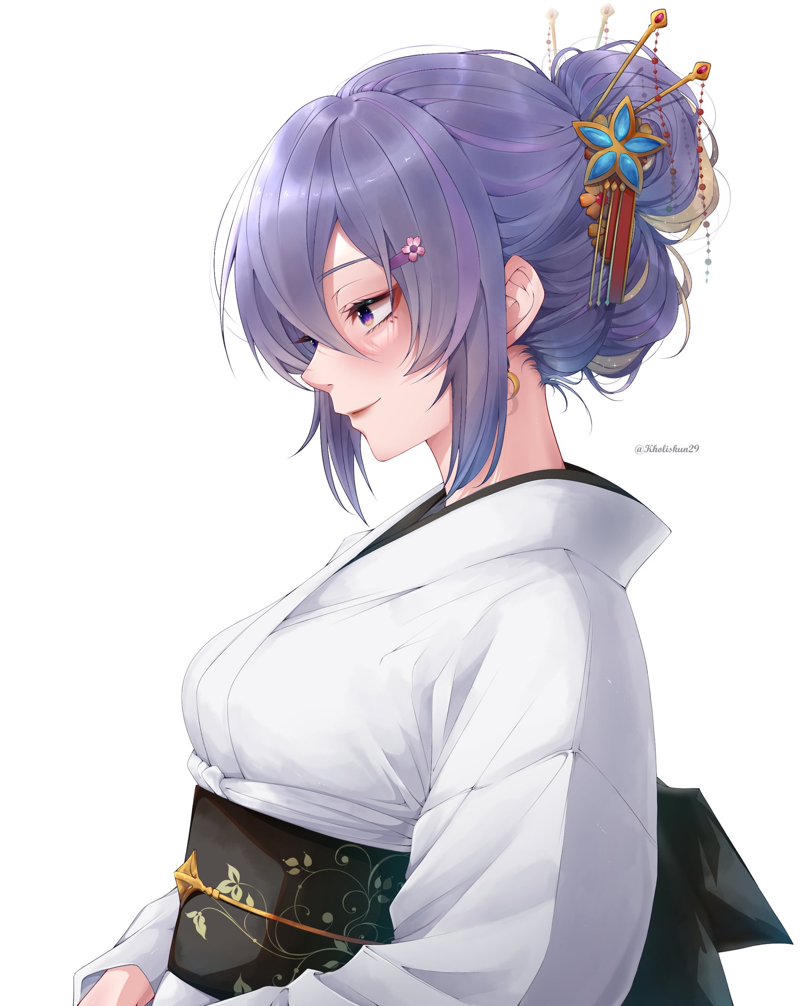 horisu (kholiskun), moona hoshinova, hololive, hololive indonesia, highres, comb, from side, hair between eyes, hair bun, hair ornament, hair stick, hairclip, japanese clothes, kimono, purple eyes, purple hair, smile, twitter username, virtual youtuber, white background