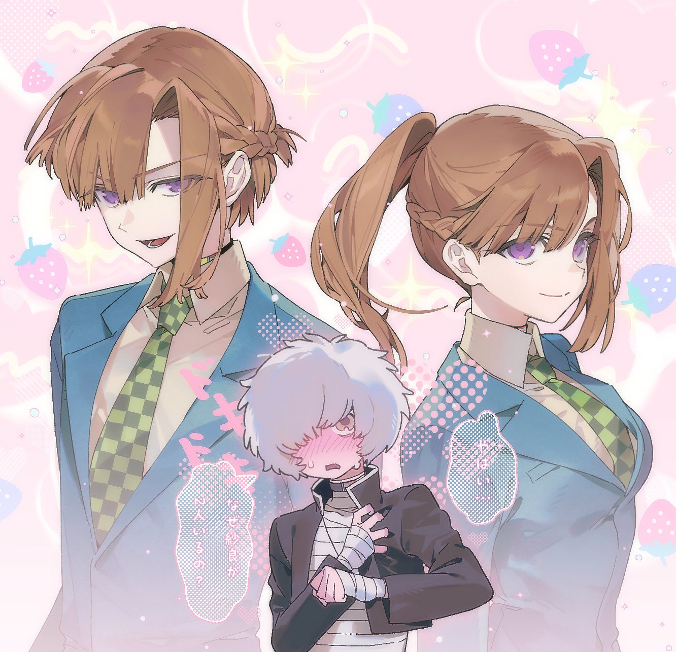 naku (naku999ziye), chidouin sara, kageyama ranmaru, kimi ga shine, highres, 1girl, 2boys, bandaged hand, bandaged torso, bandages, bishounen, black jacket, blazer, blue jacket, blush, braid, brown hair, checkered necktie, choker, collared shirt, cropped jacket, genderswap, genderswap (ftm), green necktie, half up braid, jacket, long hair, looking at viewer, multiple boys, necktie, ponytail, purple eyes, school uniform, shirt, short hair, single hair intake, smile, white hair