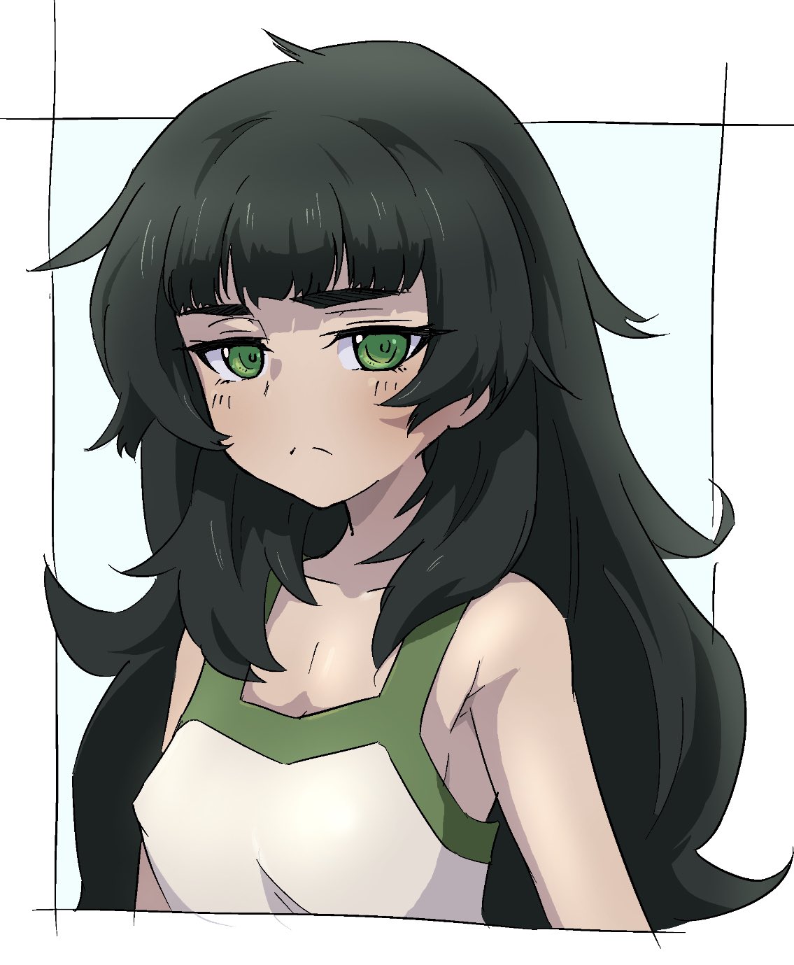 sadarann, hiyajou maho, science adventure, steins;gate, steins;gate 0, commentary request, highres, 1girl, bare shoulders, black hair, closed mouth, collarbone, eyelashes, green eyes, long hair, solo, split mouth, tank top, thick eyebrows, upper body, white tank top