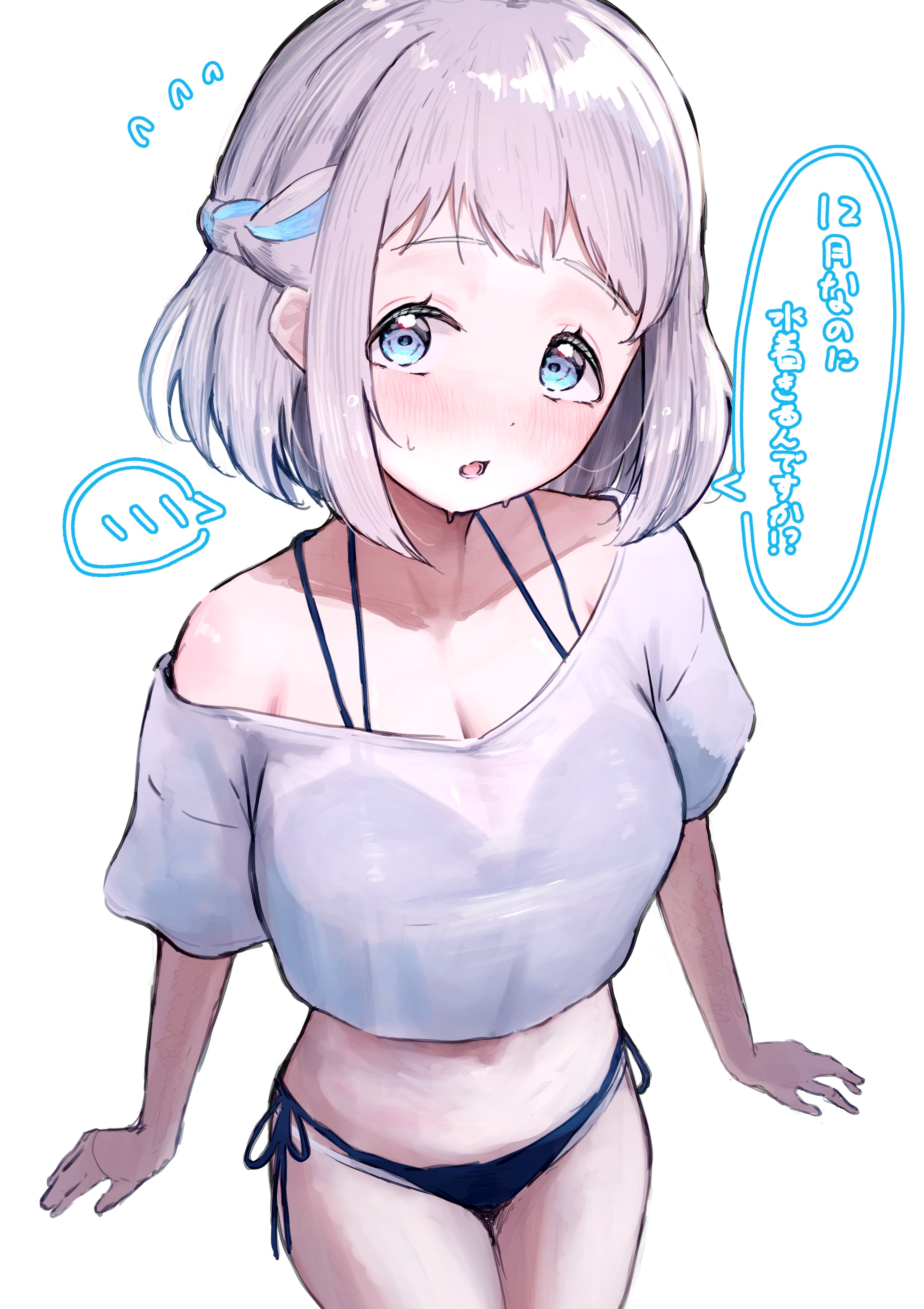 coffee upa, katsuragi lilja, gakuen idolmaster, idolmaster, absurdres, commentary request, highres, translation request, 1girl, :o, bikini, blue bikini, blue eyes, blue ribbon, blush, braid, collarbone, cropped shirt, flying sweatdrops, grey hair, hair ribbon, half up braid, looking at viewer, ribbon, ribbon braid, see-through clothes, see-through shirt, shirt, short hair, short sleeves, side-tie bikini bottom, solo, speech bubble, spoken blush, stomach, string bikini, swimsuit, thighs, white shirt