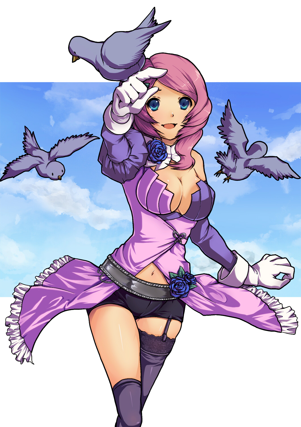 chaiusa, alisa boskonovich, namco, tekken, highres, 1girl, android, asymmetrical legwear, bird, bird on hand, blue flower, blue rose, breasts, cleavage, female focus, flower, garter belt, garter straps, gloves, large breasts, multicolored hair, rose, smile, solo, split-color hair, thighhighs, uneven legwear, white gloves