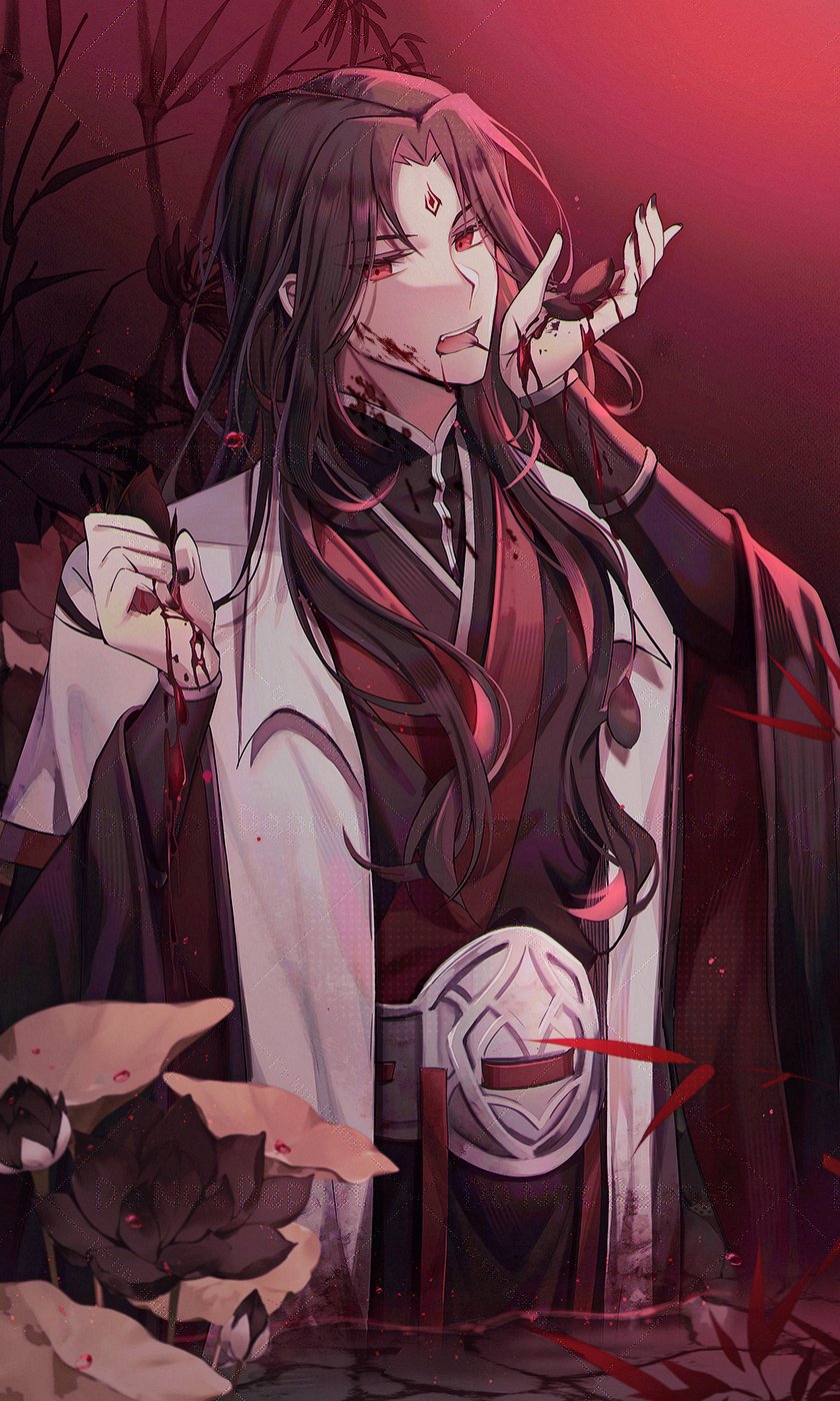luo binghe, zuiyin, renzha fanpai zijiu xitong, highres, 1boy, bamboo, bamboo forest, black hanfu, black lotus, blood, blood drop, blood on clothes, blood on face, blood on hands, blood on neck, brown hair, chinese clothes, collared robe, curtained hair, demon, fang, forest, gradient background, hanfu, kongbbang d, licking blood, light particles, long sleeves, looking at viewer, male focus, nature, open mouth, parted bangs, partially submerged, red background, red eyes, sidelocks, solo, v-shaped eyebrows, water, watermark, wavy hair, wide sleeves