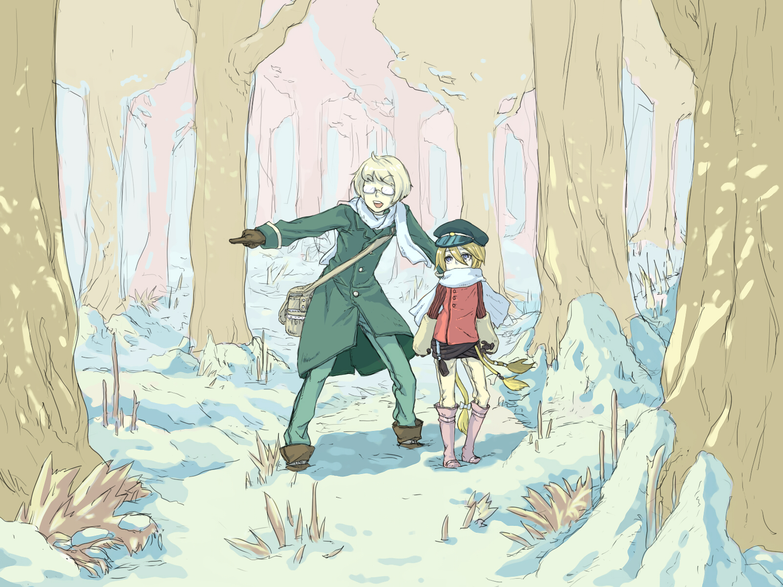 mayoko, pixiv fantasia, highres, bag, blonde hair, blue eyes, child, forest, glasses, gloves, grey hair, hat, nature, scarf, shoulder bag, snow, tree