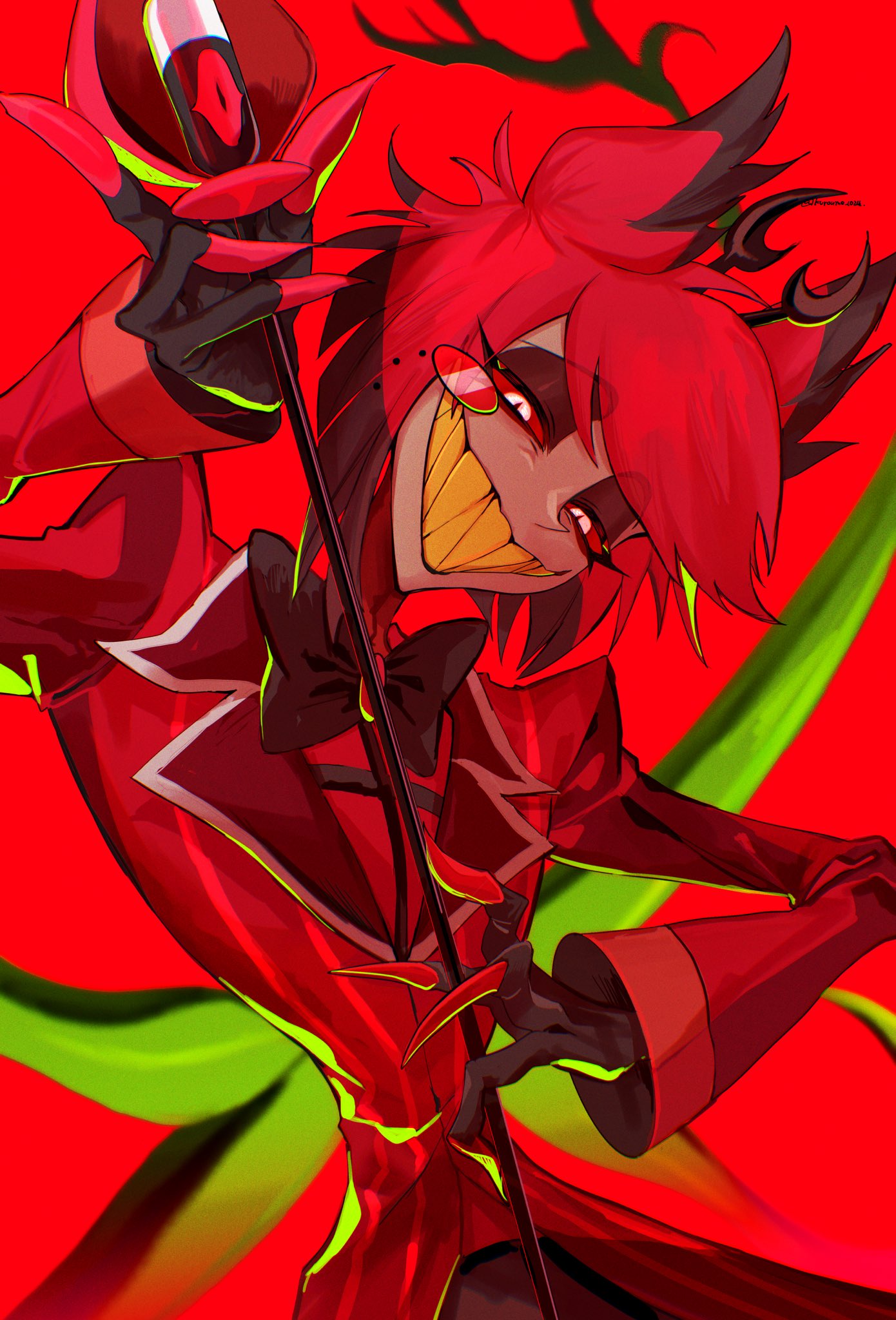 kuroume (aihikarikuroume24), alastor (hazbin hotel), hazbin hotel, hellaverse, commentary request, highres, 1boy, antlers, deer antlers, deer boy, demon boy, evil grin, evil smile, formal clothes, grin, horns, looking at viewer, male focus, monocle, red hair, red suit, sharp teeth, smile, solo, suit, teeth