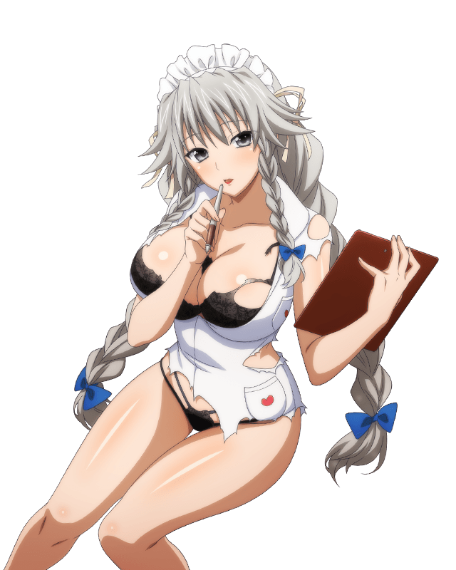 grayfia lucifuge, high school dxd, 1girl, bare legs, black eyes, black panties, blue bow, bow, breasts, cleavage, clipboard, dress, feet out of frame, from above, grey hair, hat, head tilt, heart, heart print, large breasts, lingerie, long hair, mad kang, nurse, nurse cap, open mouth, panties, pencil to face, quad braids, sitting, torn clothes, transparent background, underwear, white dress