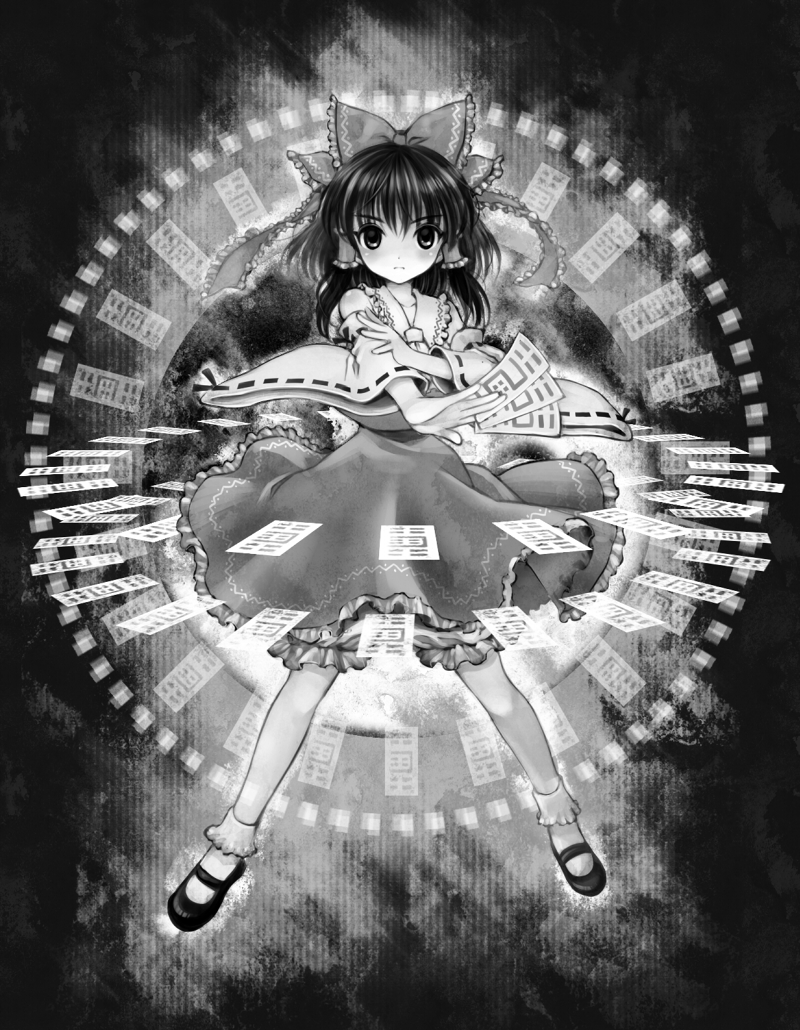 hakurei reimu, touhou, tagme, 1girl, black theme, female focus, full body, monochrome, skirt, solo