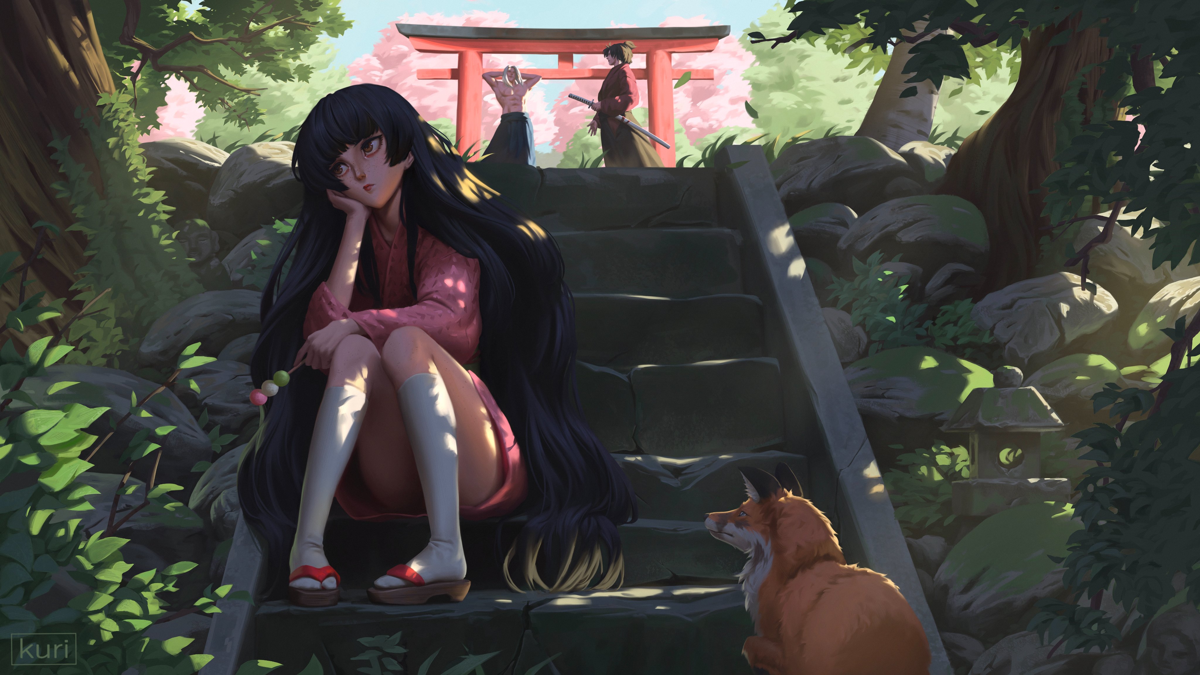 original, absurdres, clothing request, commentary, english commentary, highres, 1girl, 2boys, artist name, black hair, blunt bangs, brown eyes, brown sandals, closed mouth, convenient leg, dango, dappled sunlight, day, flipped sidelocks, food, fox, freckles, head rest, holding, holding food, japanese clothes, kneehighs, knees up, kuri forseti, long hair, looking to the side, multiple boys, outdoors, pink lips, sandals, sanshoku dango, sitting, sitting on stairs, socks, solo focus, stairs, stone stairs, sunlight, torii, tree, very long hair, wagashi, wavy hair, white socks